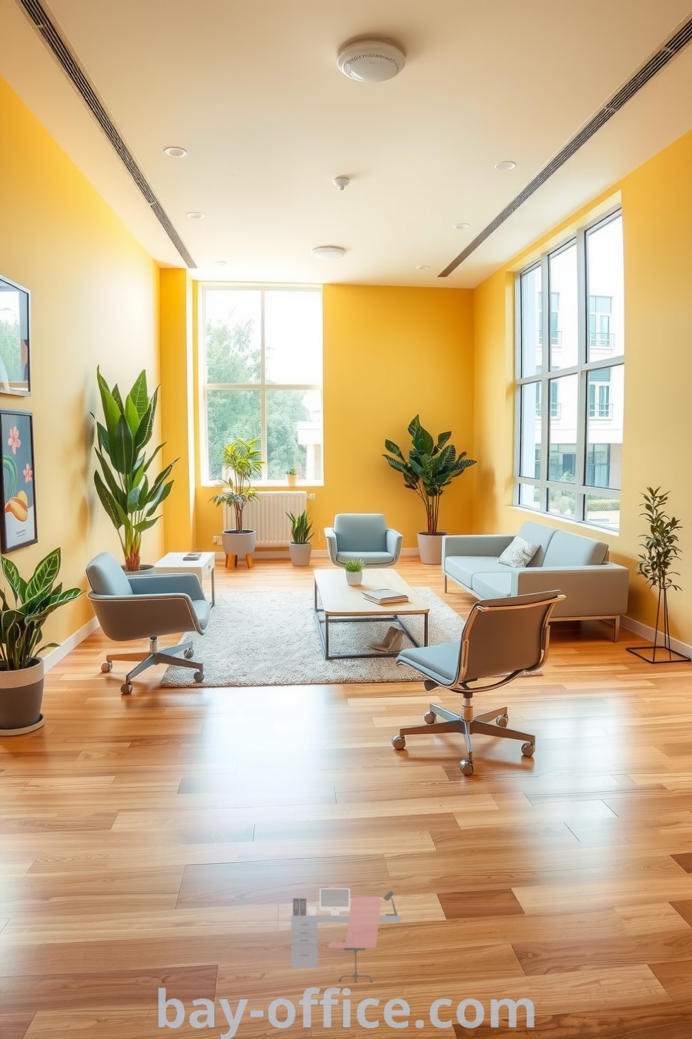 Minimalist corporate office featuring soft yellow glow, sleek metallic furniture, warm wood flooring, natural light from large windows, and potted plants. Ideal for creating an inviting and productive workspace. Explore more design ideas at bay-office.com.