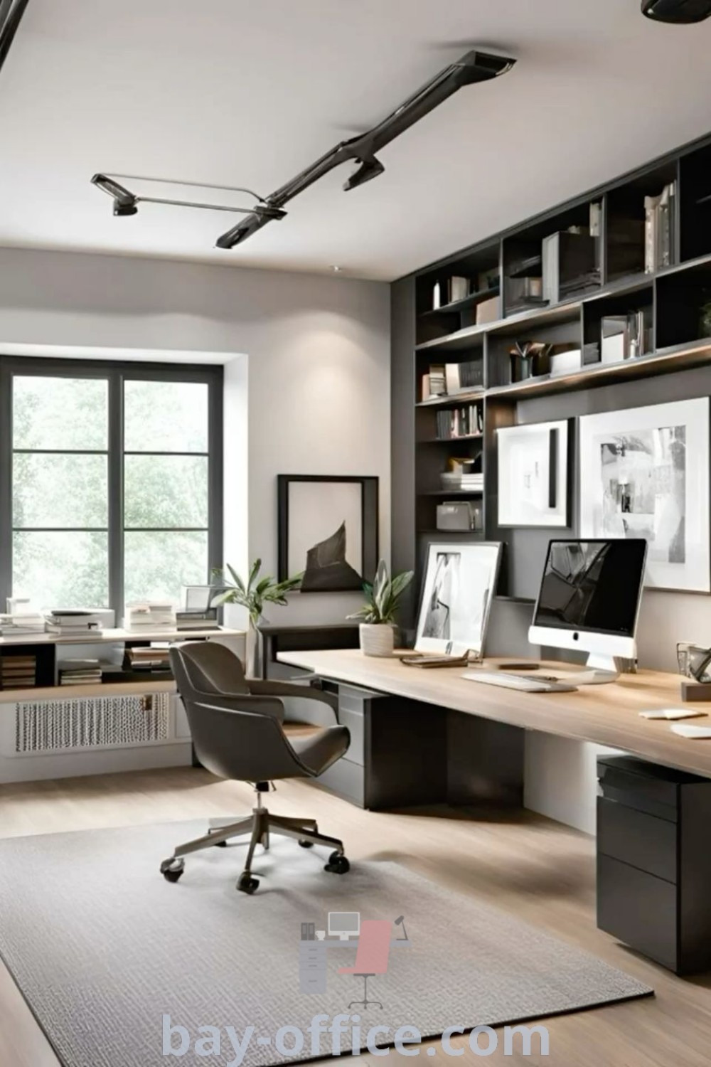 Cozy home office design featuring multiple desks, shelves, and a decorative rug, ideal for two or more people. Explore office snug ideas that inspire productivity and comfort at bay-office.com.