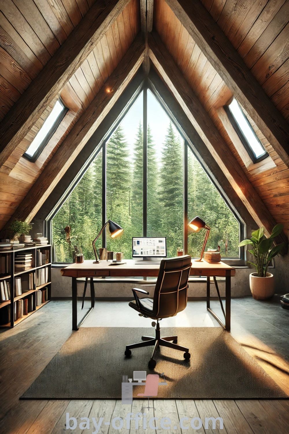 Cozy attic office with wooden walls and flooring, featuring large windows overlooking trees. Ideal for an inspiring workspace, showcasing ideas that promote productivity and comfort. Explore home office decor ideas at bay-office.com.