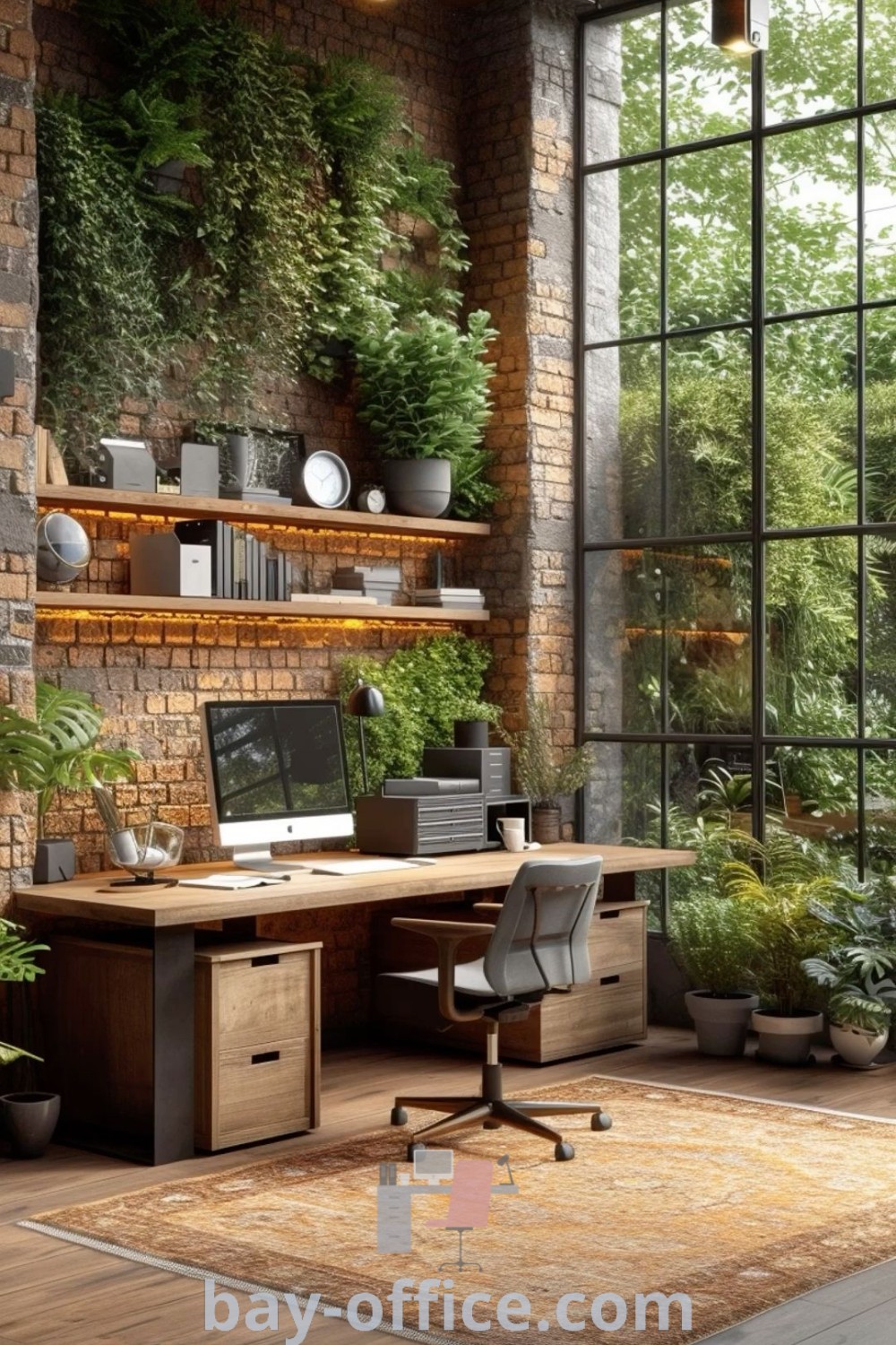 Cozy green home office with brick walls and abundant greenery, featuring a large window for natural light. Discover design tips and ideas that inspire productivity and create a warm, inviting workspace at bay-office.com.