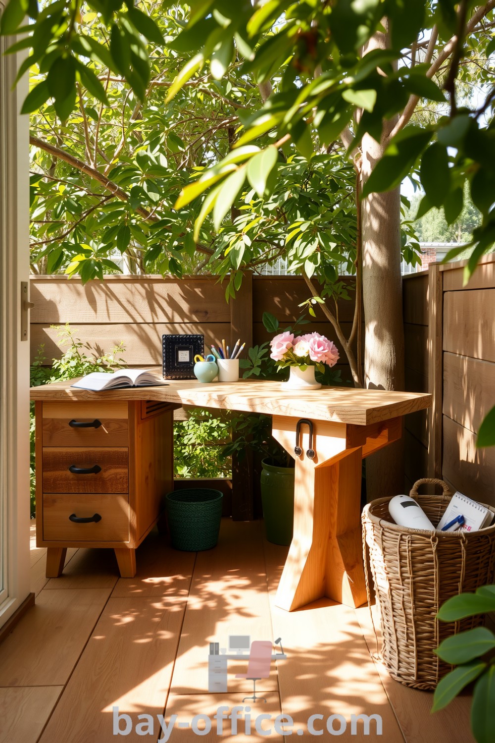 Nature-inspired home office featuring a reclaimed wood desk, woven basket for stationery, and sunlight filtering through leaves, creating a calming workspace. Ideal for fostering creativity and productivity. Discover more ideas at bay-office.com.