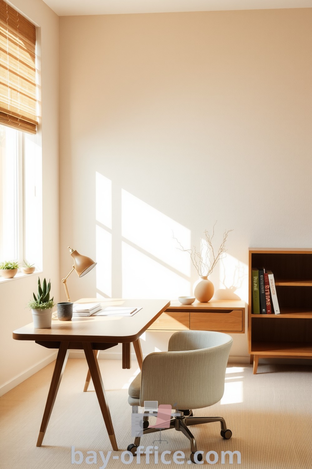 Minimalist home office with beige tones, a wooden desk, comfortable chair, and plants on the windowsill, designed for a serene and inspiring work environment. Ideal for small spaces and promoting productivity. Discover more design ideas at bay-office.com.