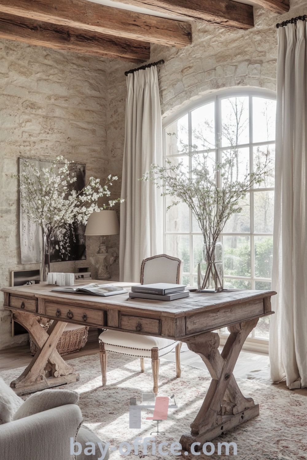 French country home office featuring rustic wooden beams, a distressed wooden desk, and vintage furnishings designed for comfort and productivity. Ideal for creating a cozy aesthetic while inspiring creativity and focus. Find more wonderful decor ideas at bay-office.com.