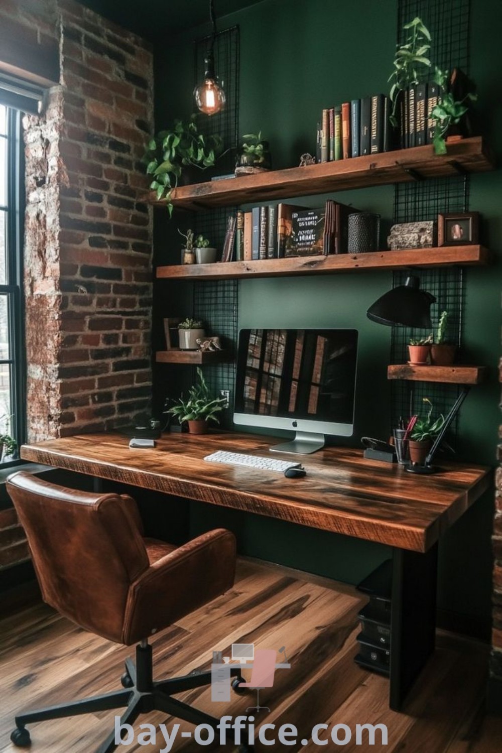 Woodsy home office featuring green walls, wooden shelves, and a stylish computer desk. Includes study room lighting ideas and a brick accent wall, making it an inspiring and cozy space for productivity. Discover more ideas at bay-office.com.