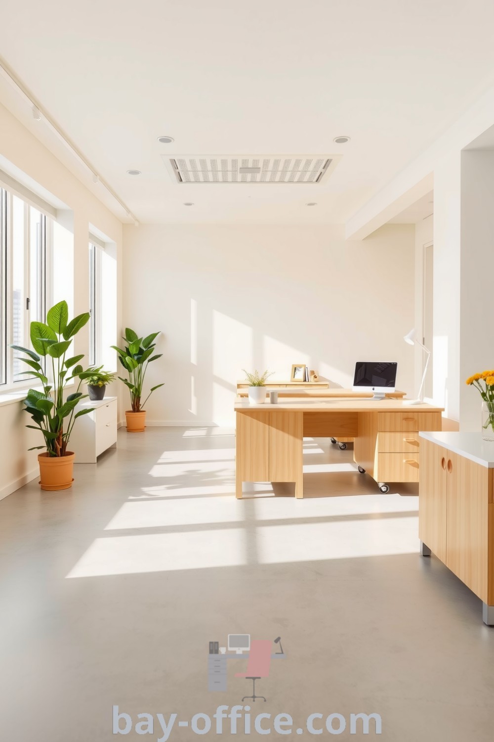 Bright minimalist corporate office with light wood furniture, white walls, potted plants, and natural light. This design creates a cheerful and professional atmosphere ideal for enhancing productivity. Explore more ideas at bay-office.com.