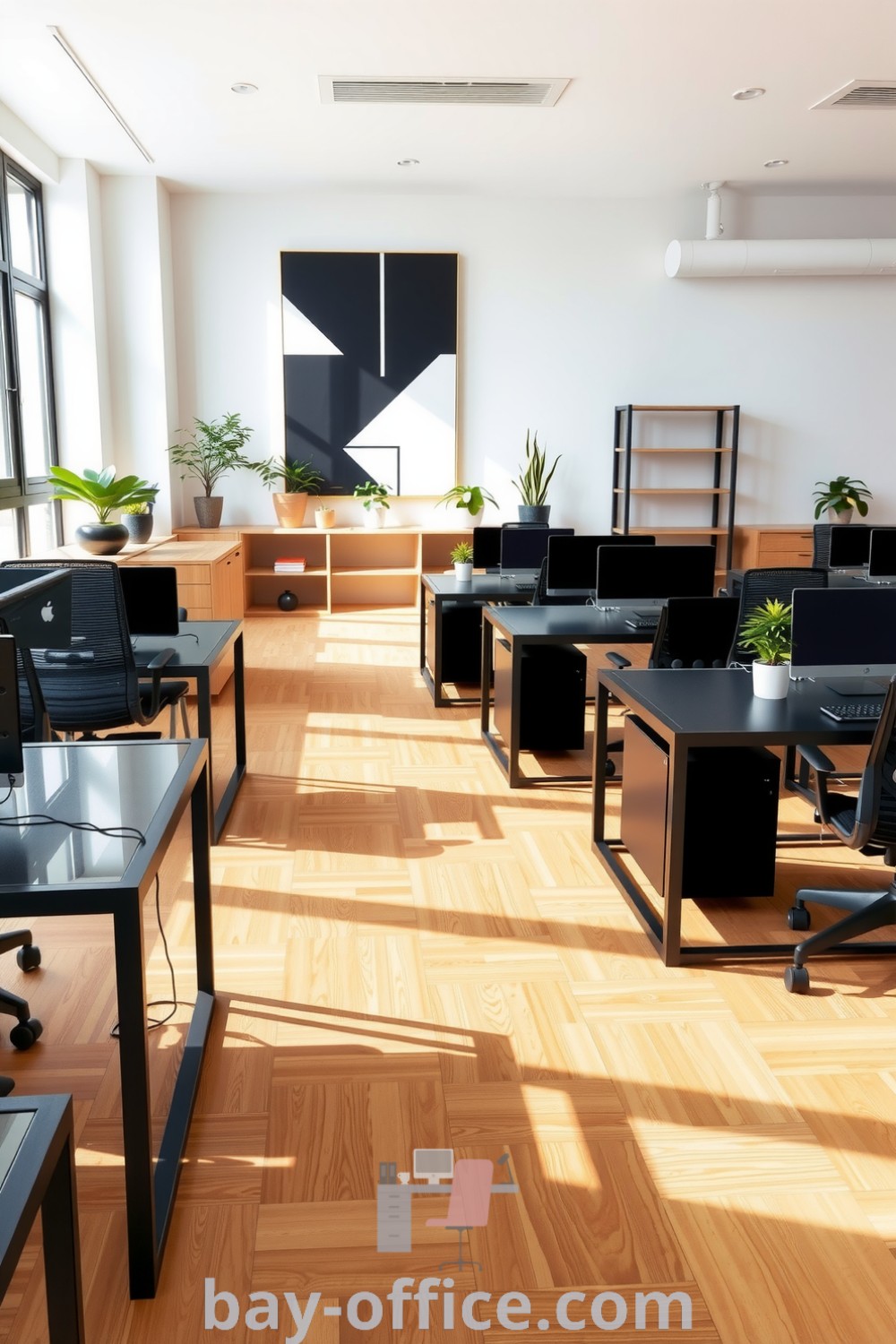 Minimalist corporate office featuring black metal desks, light wood flooring, and large windows, designed to inspire productivity and comfort in a serene workspace. Discover more design trends and ideas that will make you love working from home at bay-office.com.