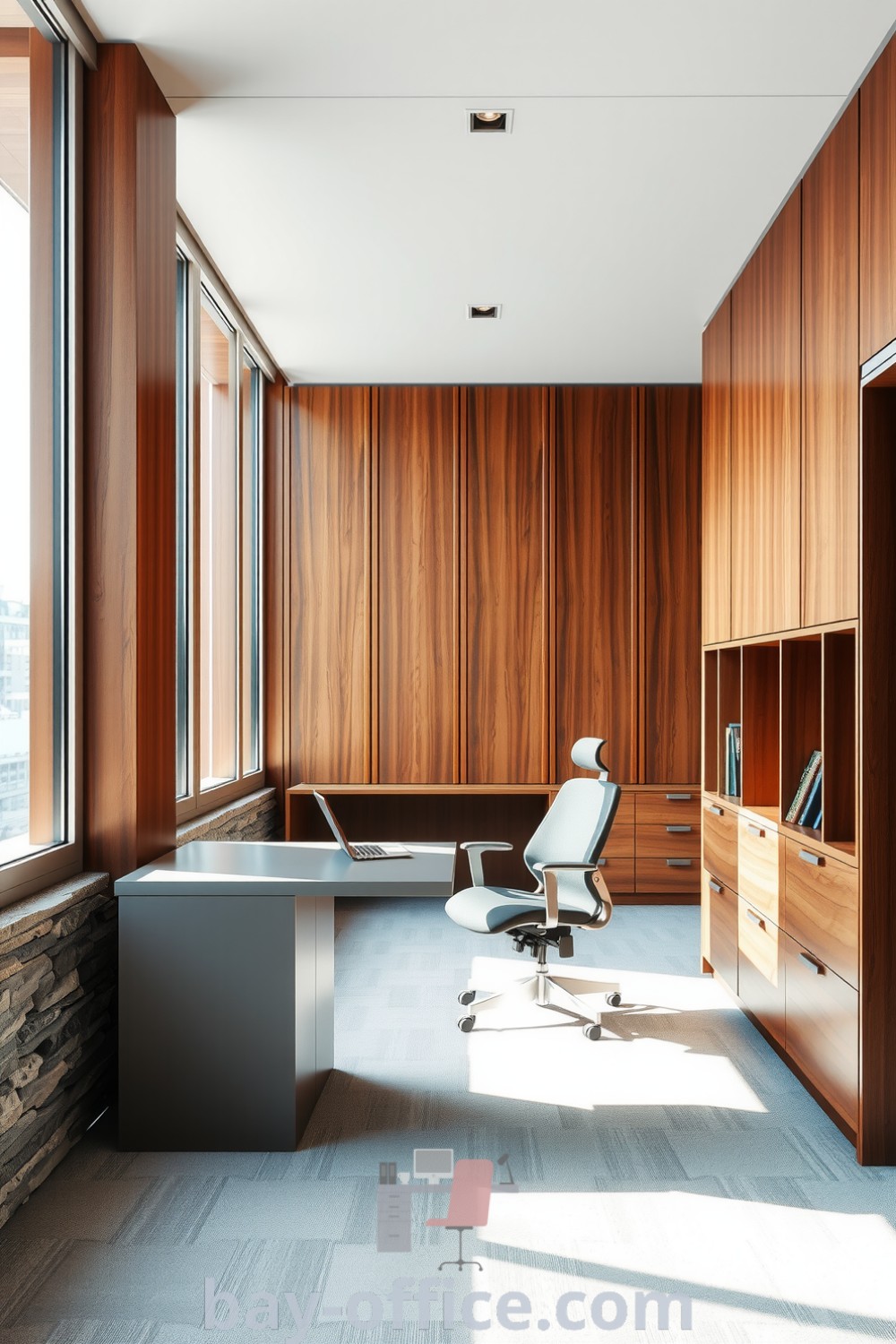 Minimalist corporate office featuring rich brown wooden panels, large windows, a simple metal desk, and ergonomic chair, creating a warm and inviting workspace. Perfect for inspiring productivity while balancing modern design with comfort. Explore more ideas at bay-office.com.