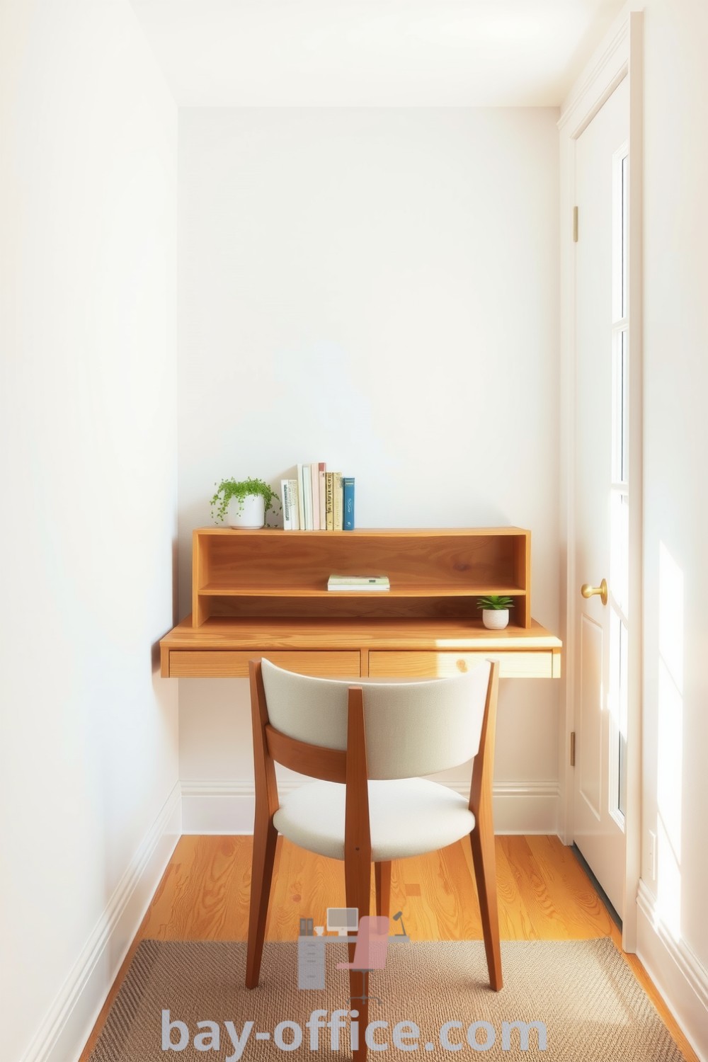 Minimalist home office with gentle textures, natural light, and simple furniture, designed for comfort and productivity. Ideal decor ideas for small spaces that inspire creativity. Discover more at bay-office.com.