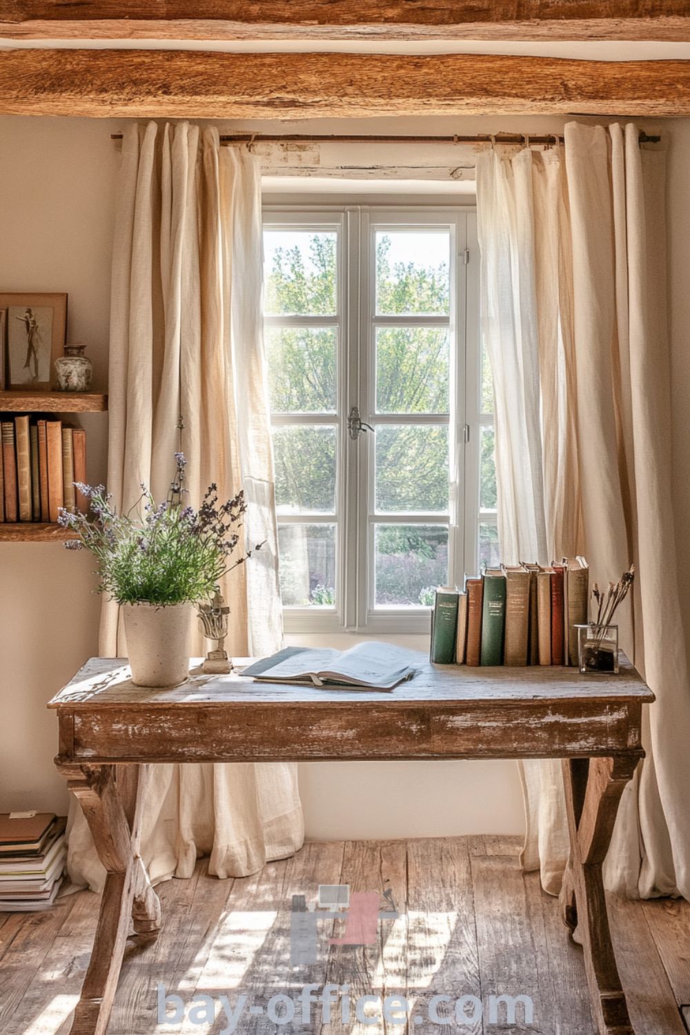 Cozy French country home office featuring rustic wooden beams, pastel walls, an oak desk, and natural light. Decor ideas including potted herbs and antique books enhance the inviting atmosphere, perfect for inspiring productivity. For more decor ideas for home offices, visit bay-office.com.