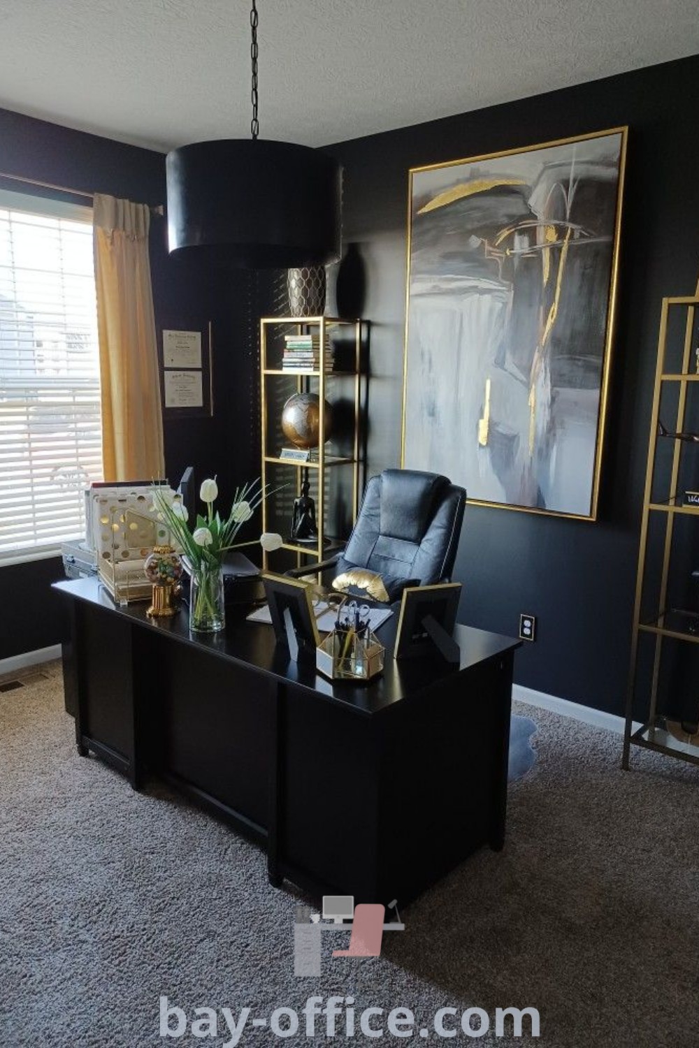 Chic black and gold home office featuring black walls, gold accents, and stylish organization ideas. Perfect for masculine glam decor, inspiring productivity, and capturing trendy black and white home office design at bay-office.com.