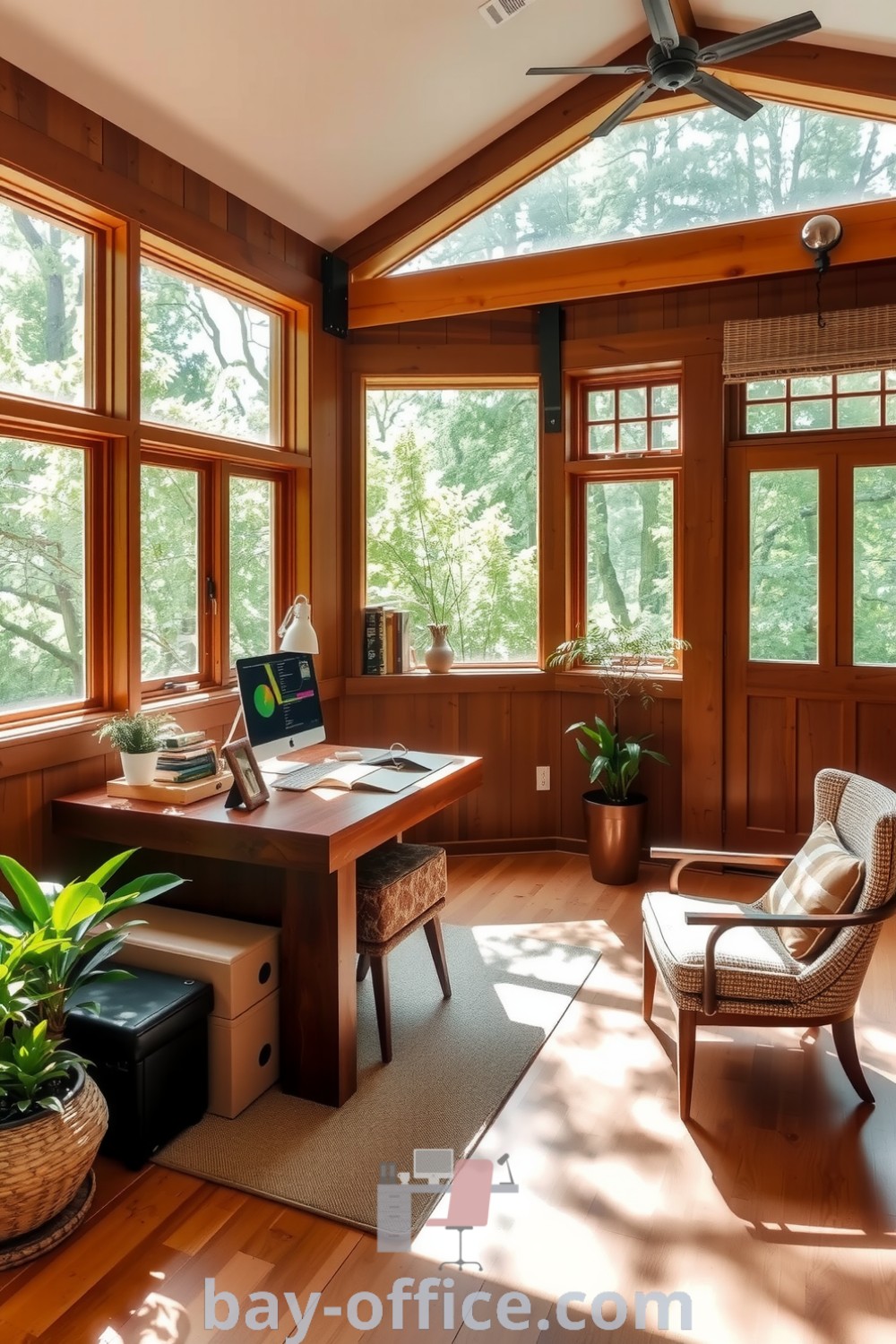 Nature-inspired home office featuring warm wooden beams, a reclaimed timber desk, large windows with a view of greenery, and plants for a calming atmosphere. Ideal for boosting productivity and creating a serene workspace. Explore ideas that inspire creativity at bay-office.com.