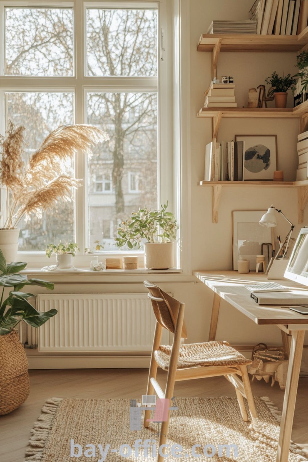 Scandinavian home office featuring soft beige walls, light wood furniture, a large window with natural light, plants, and a woven rug, creating a cozy and productive atmosphere. Discover more design trends and cozy decor ideas at bay-office.com.