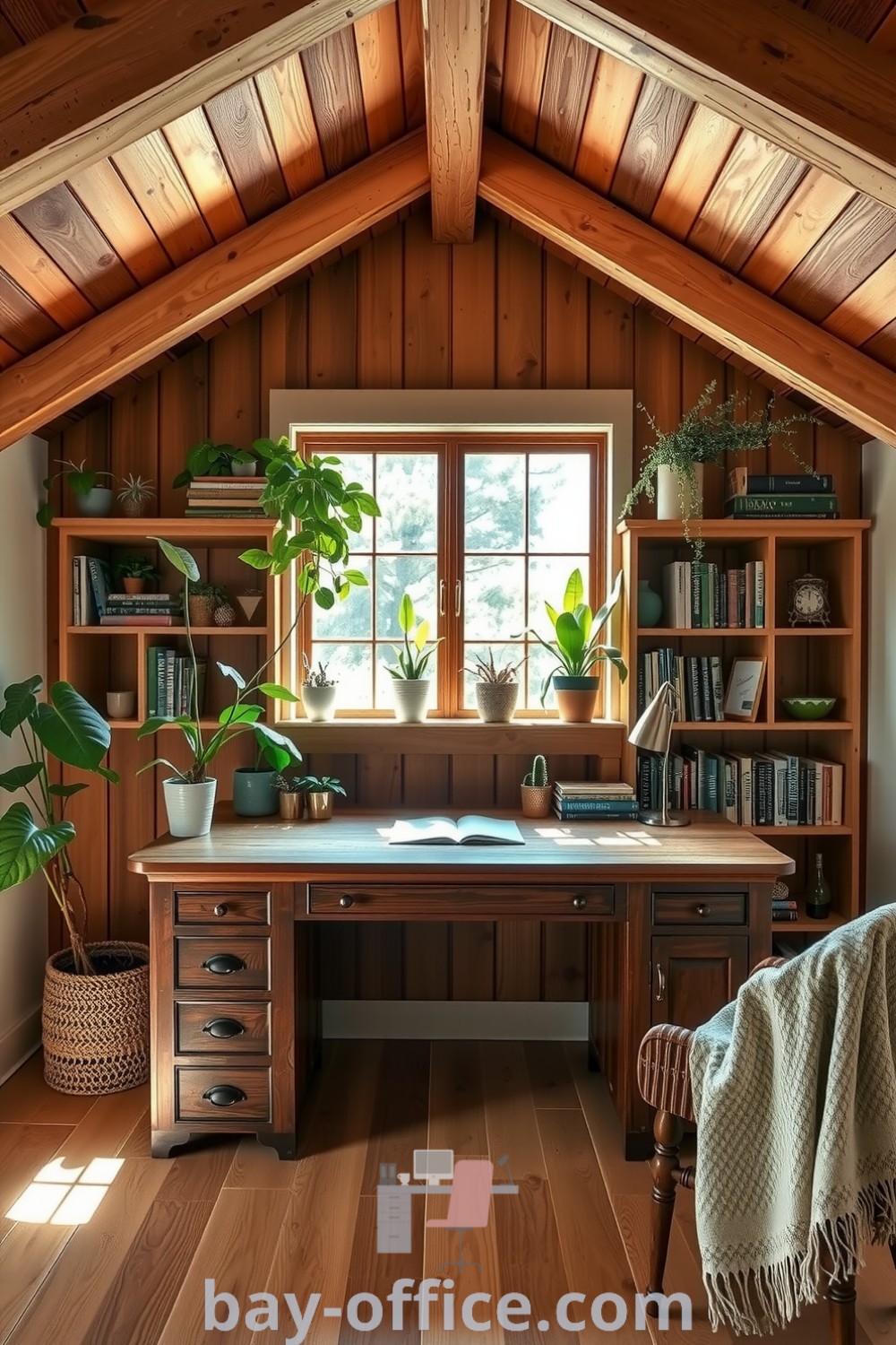 Cozy indoor home office featuring wooden beams, oak desk, leafy plants, potted succulents, and warm textures, designed to inspire productivity and tranquility. Explore more inspiring ideas at bay-office.com.