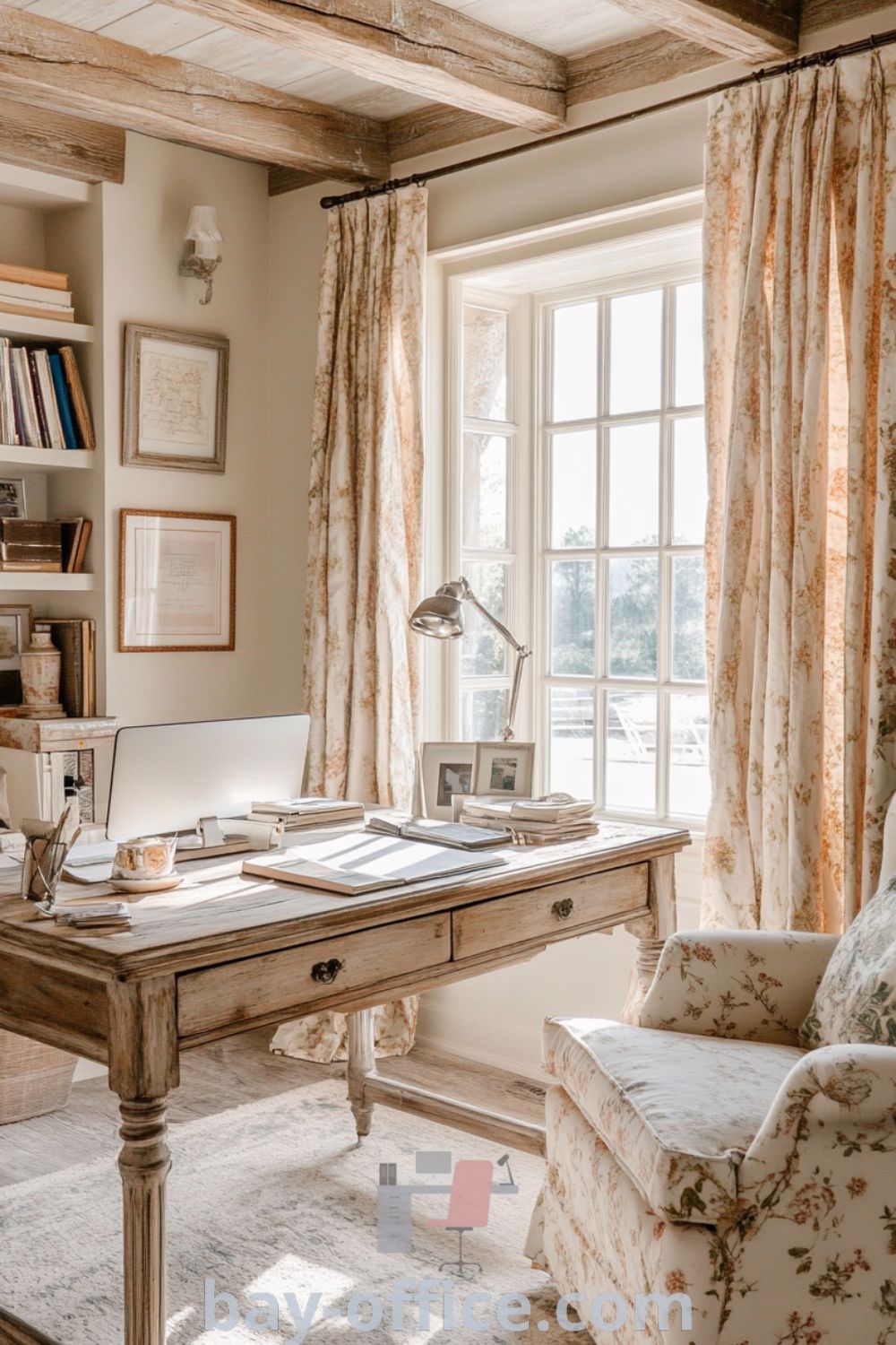 Elegant French country home office with rustic oak beams, cream walls, vintage stationery, and floral curtains, showcasing cozy decor ideas that inspire productivity and comfort. Perfect for creating a welcoming workspace at home. Discover more at bay-office.com.