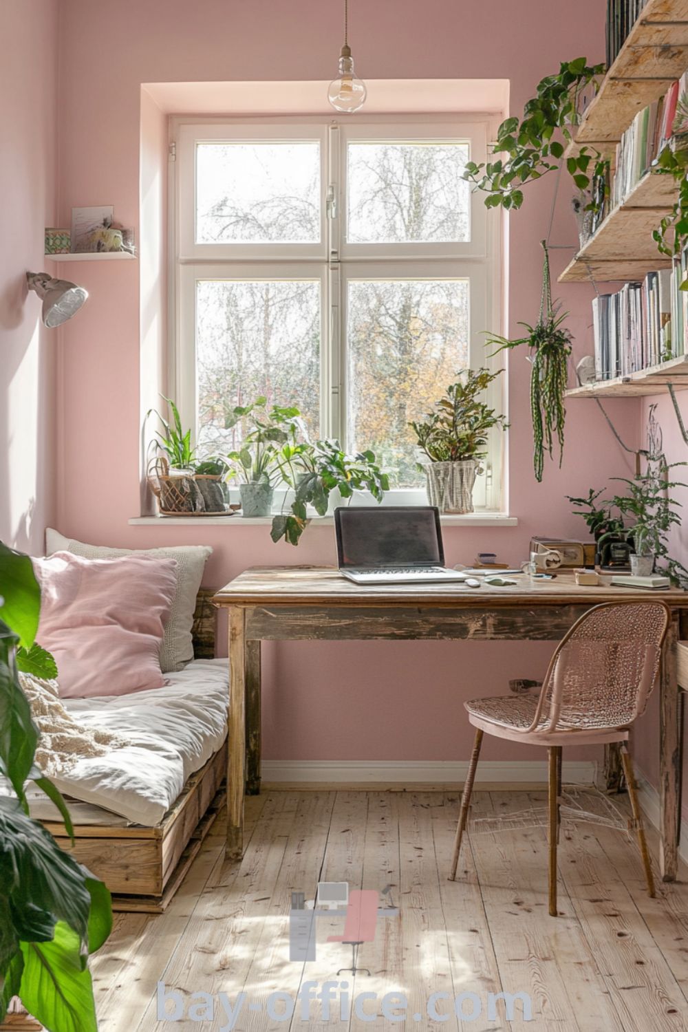 Scandinavian home office with soft pink walls, rustic wooden desk, and a cozy reading nook, featuring plants and personal mementos to inspire productivity and comfort. Explore dreamy decor ideas that will make you love working from home at bay-office.com.