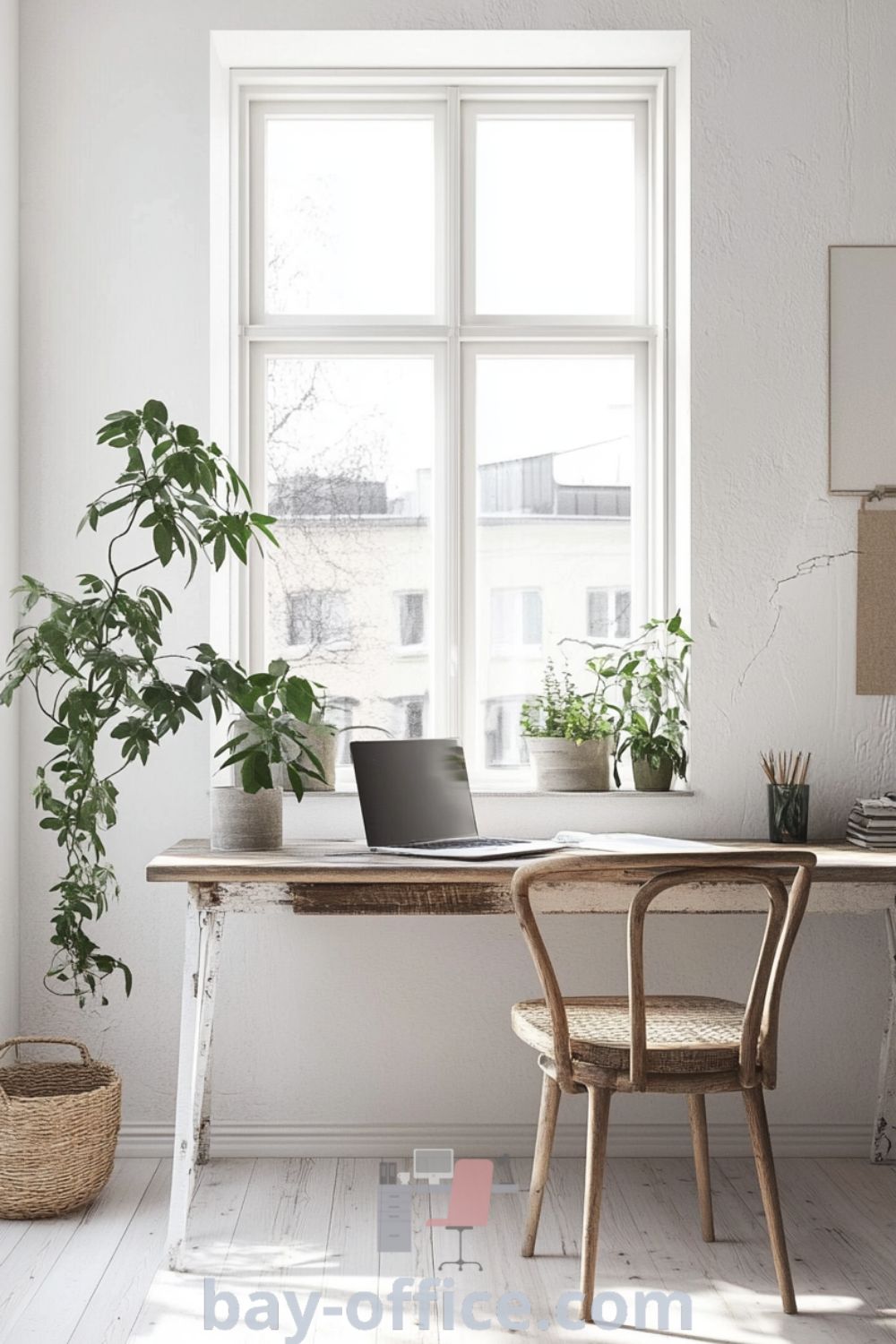 Scandinavian home office featuring white textured walls, warm wooden furniture, plants, and cozy textiles, designed to create a serene workspace for enhanced productivity and creativity. Discover more inspiring decor ideas at bay-office.com.