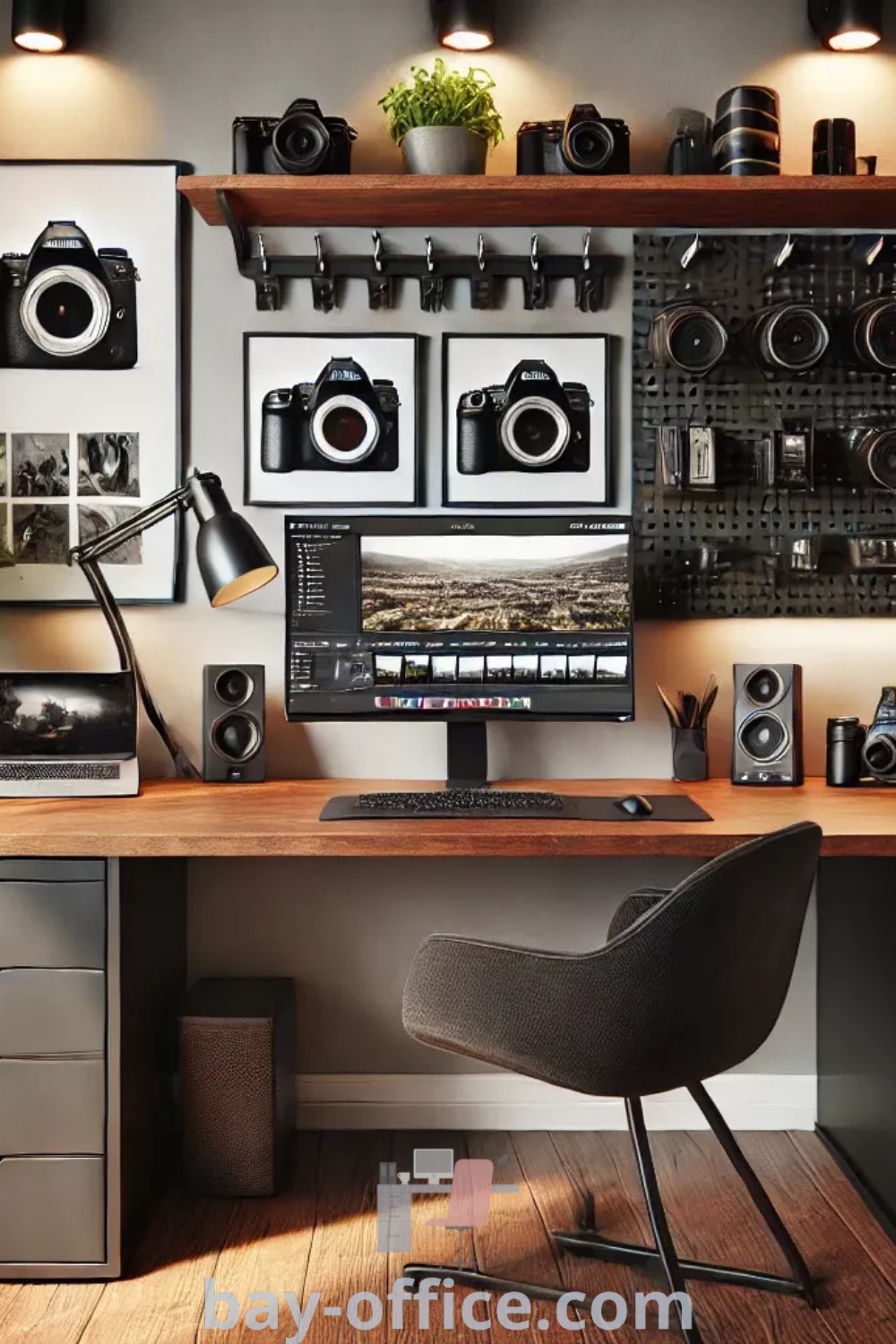 Cozy photographer office with desk, guitar, pictures on the wall, and rain wallpapers, showcasing inspiring decor ideas for small spaces at bay-office.com.