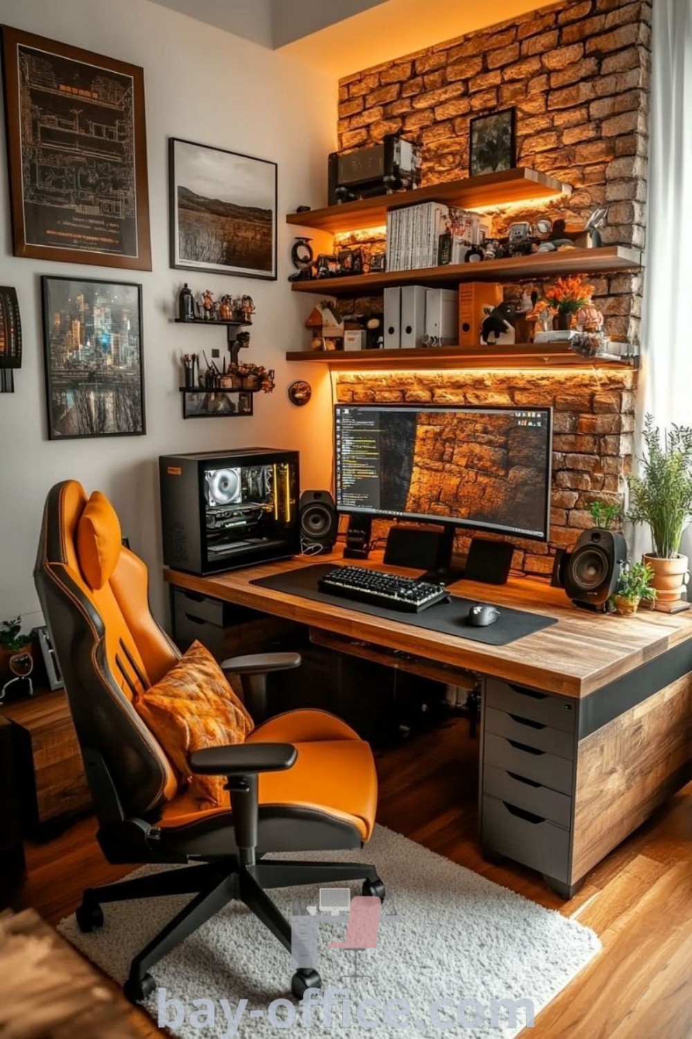 Home office setup featuring a brick wall, computer desk, chair, and bookshelf. Perfect for cozy aesthetic and inspiring productivity, offering design tips and ideas for small spaces at bay-office.com.