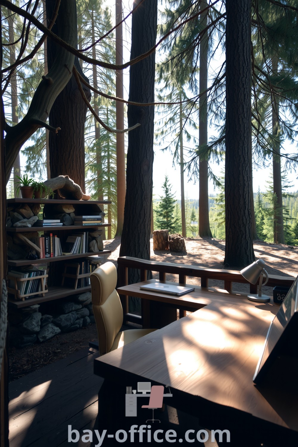 Nature home office with a wooden desk, comfy chair, stone and driftwood shelves among trees, designed for productivity and inspiration. A serene workspace promoting a cozy aesthetic that enhances creativity. Discover more ideas at bay-office.com.