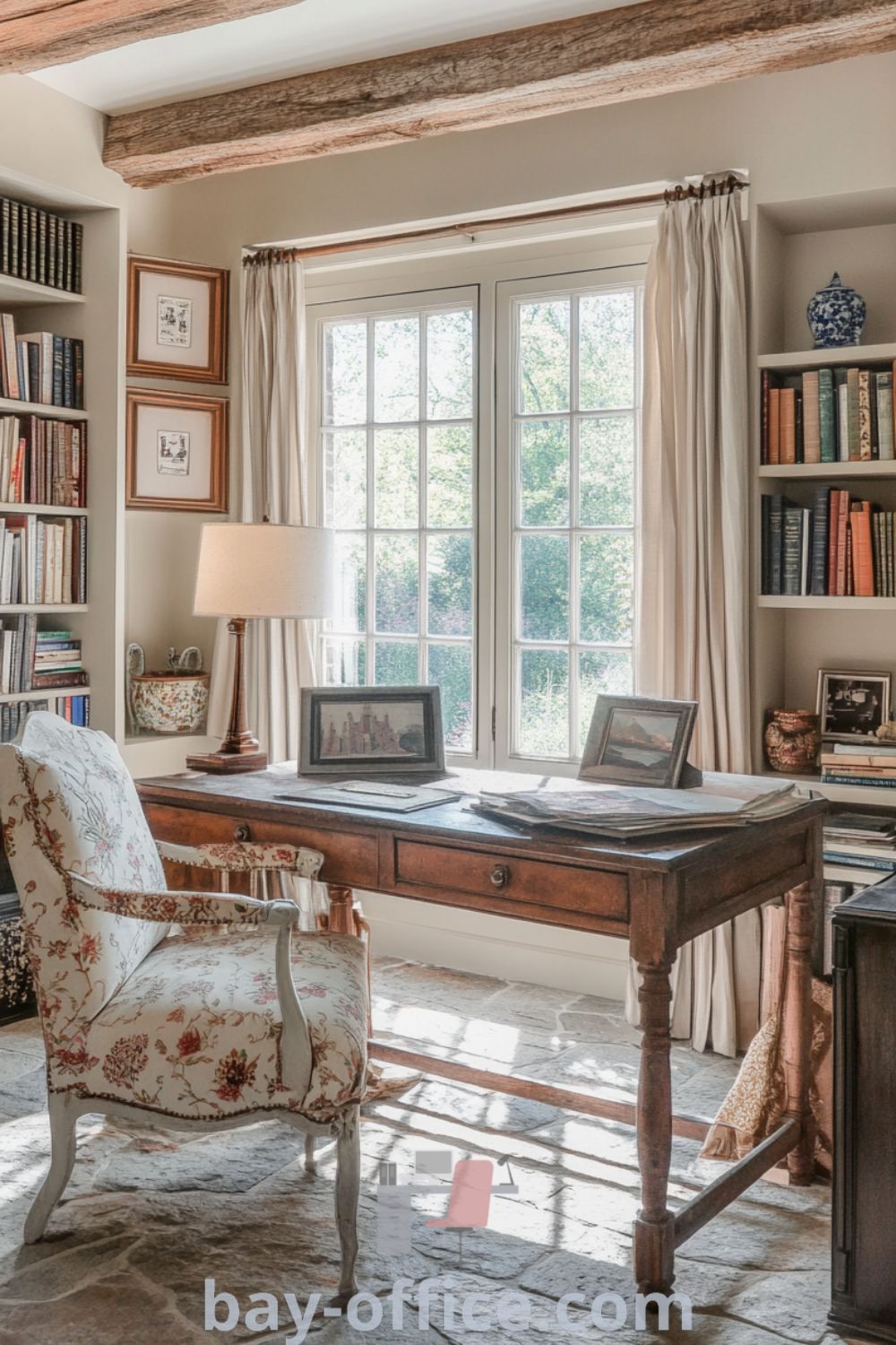 Cozy French country home office featuring exposed wooden beams, cream walls, vintage furnishings, and floral patterns, designed to inspire productivity and elegant comfort. Discover more design ideas at bay-office.com.