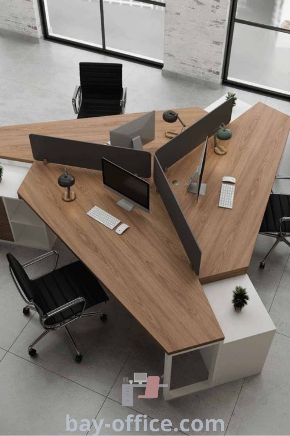 An overhead view of a modern workstation featuring a desk with chairs and a computer monitor, perfectly placed in front of a large window, showcasing office design inspiration and functional decor ideas for small spaces. Explore more at bay-office.com.
