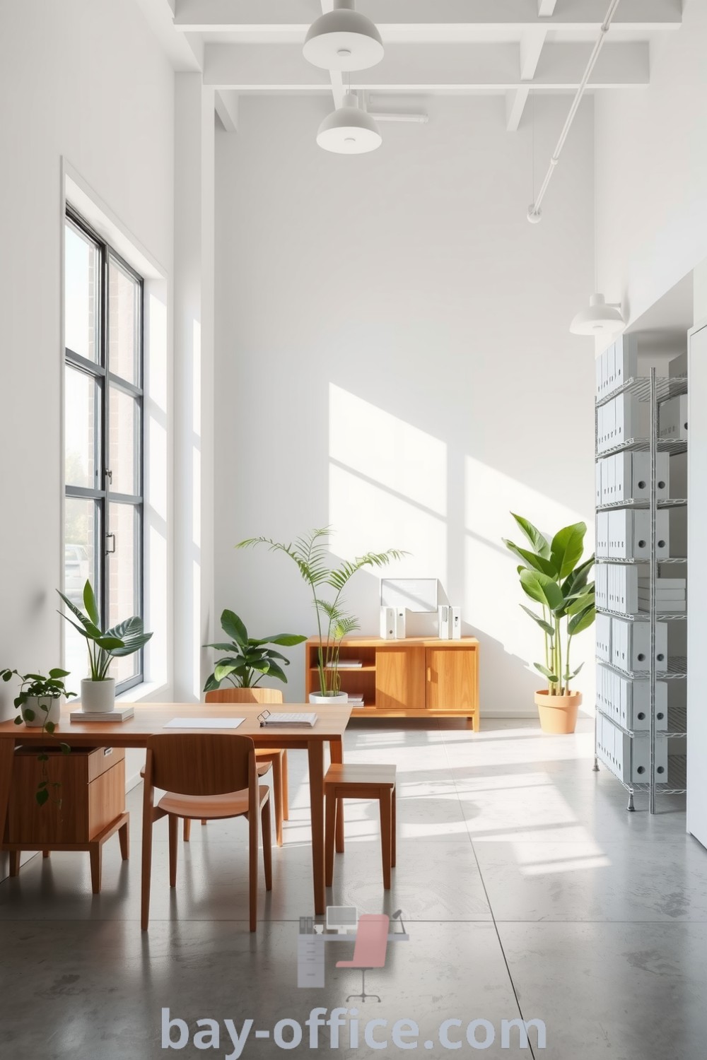 Minimalist corporate office with white walls, polished concrete floor, wooden furniture, and potted plants, designed for productivity and comfort. Discover ideas that inspire a cozy aesthetic and enhance your working environment at bay-office.com.