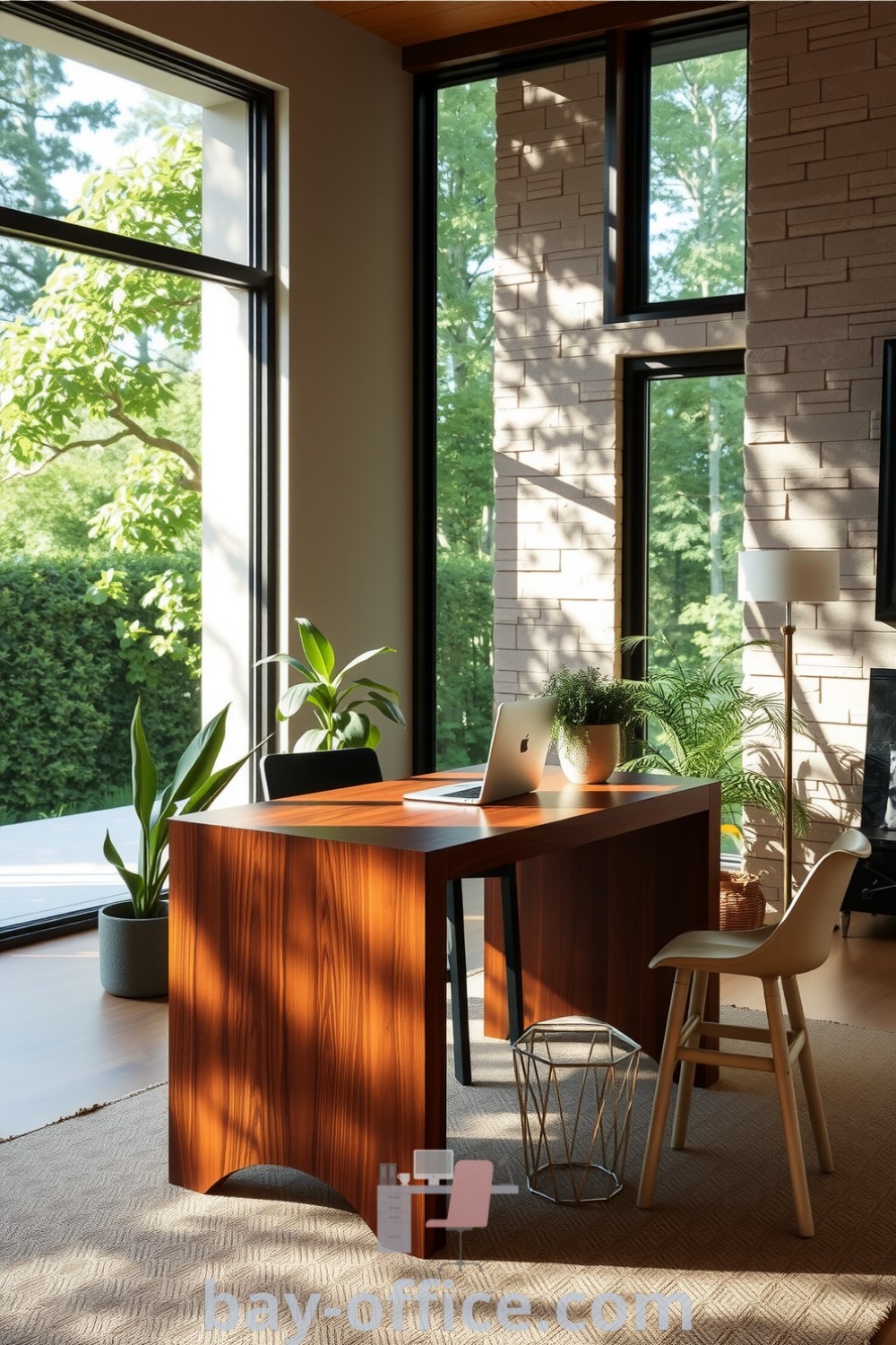 Nature-inspired home office with a sturdy wooden desk, large windows showcasing lush greenery, and potted plants, creating a calming and inviting space perfect for productivity. Explore more at bay-office.com.