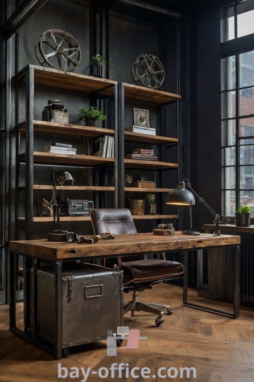 Industrial office decor featuring rustic and industrial elements, wooden desk designs, gray room ideas, and inspiring accents perfect for enhancing productivity. Discover rich office design trends and cozy aesthetic tips at bay-office.com.