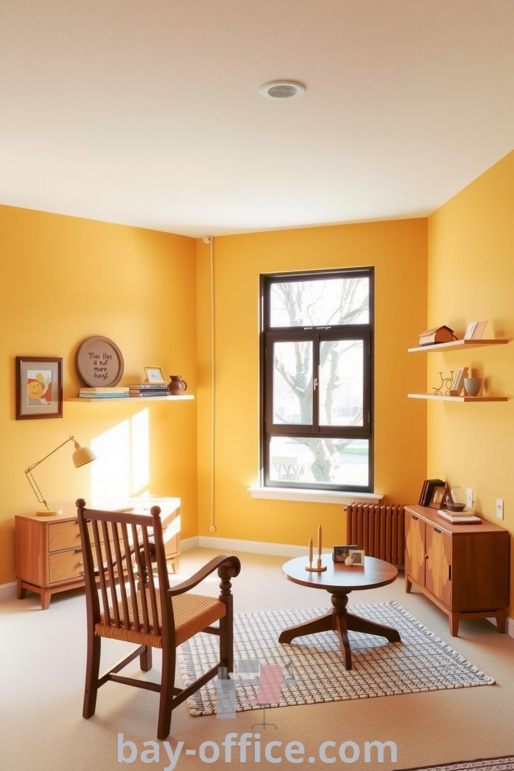 Cozy minimalist home office in soft yellow hues with wooden furniture, large windows for natural light, and personal touches through books and decor. Ideal design for productivity and comfort in a small space. Explore more at bay-office.com.