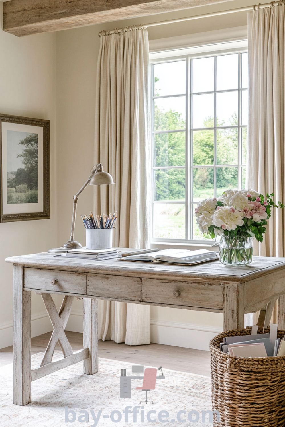 Elegant French country home office featuring rustic wooden beams, a vintage oak desk, and a view of a sprawling garden, designed to inspire productivity and creativity with cozy decor elements. Discover more design tips at bay-office.com.