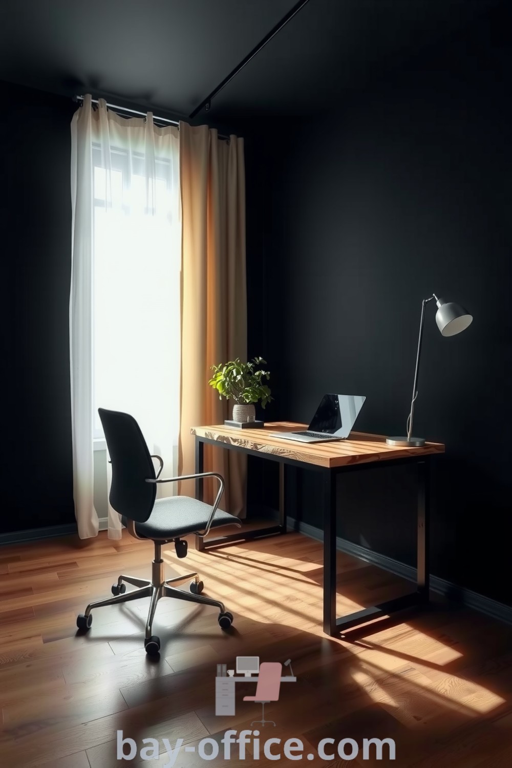 Minimalist black home office featuring reclaimed wood desk, metal accents, and natural light, designed to inspire productivity and calm. Ideal cozy aesthetic ideas for small spaces that help you love working from home. Explore more at bay-office.com.