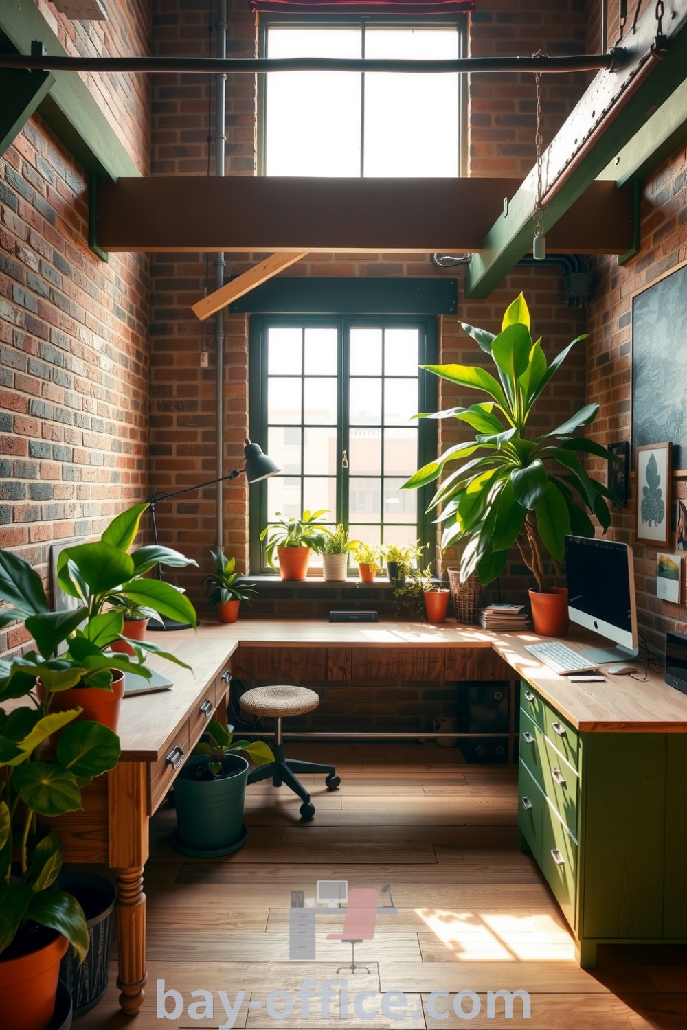 Rustic modern home office featuring exposed brick, reclaimed wood beams, a sturdy wooden desk, and abundant natural light, enhanced by potted plants. Perfect for creating an inspiring and cozy workspace that fosters productivity. Discover more ideas at bay-office.com.