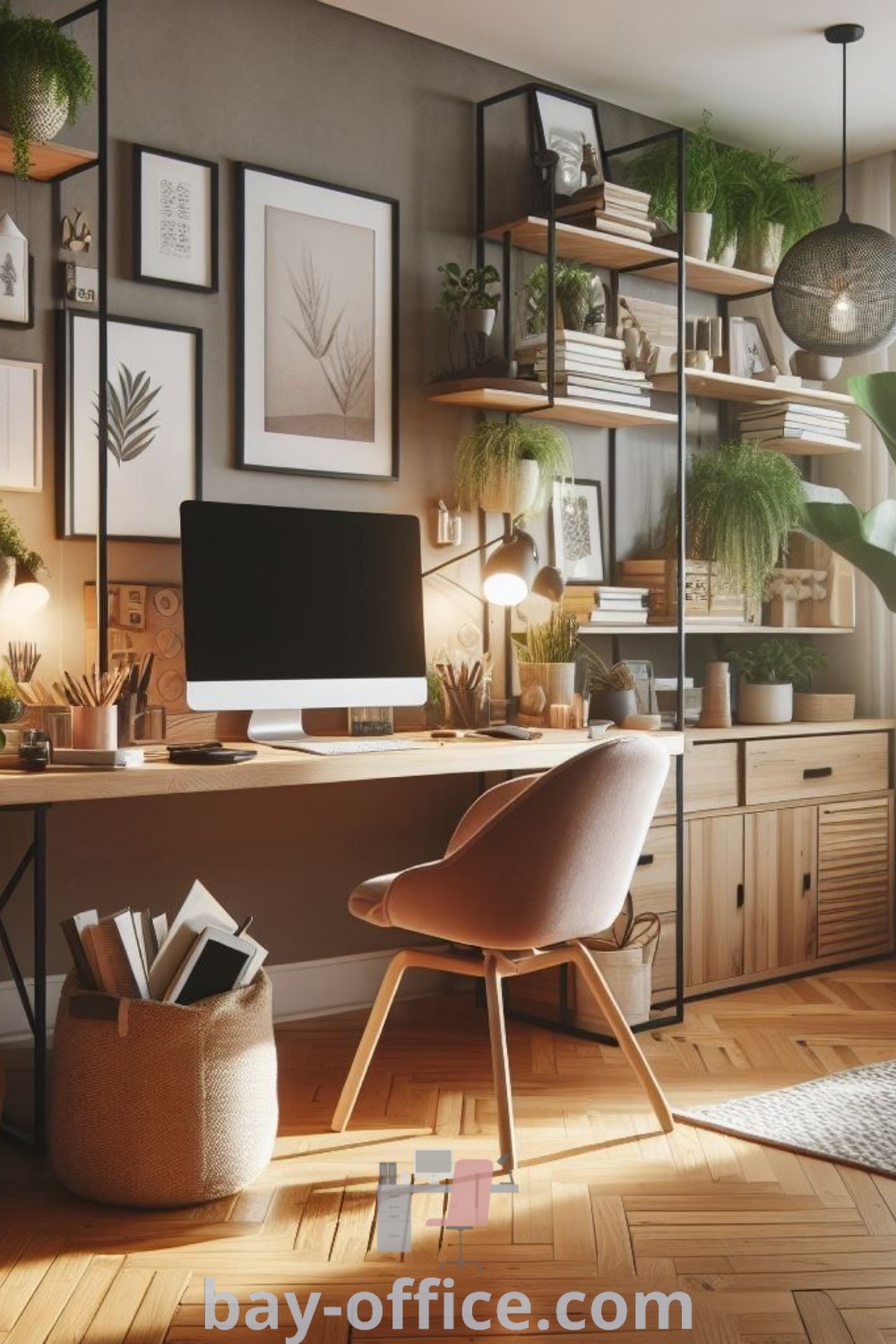 Cozy home office featuring lush plants, inspiring pictures on the wall, and warm office decor ideas that enhance productivity. Explore design tips for creating a modern, cozy aesthetic perfect for any house or apartment at bay-office.com.