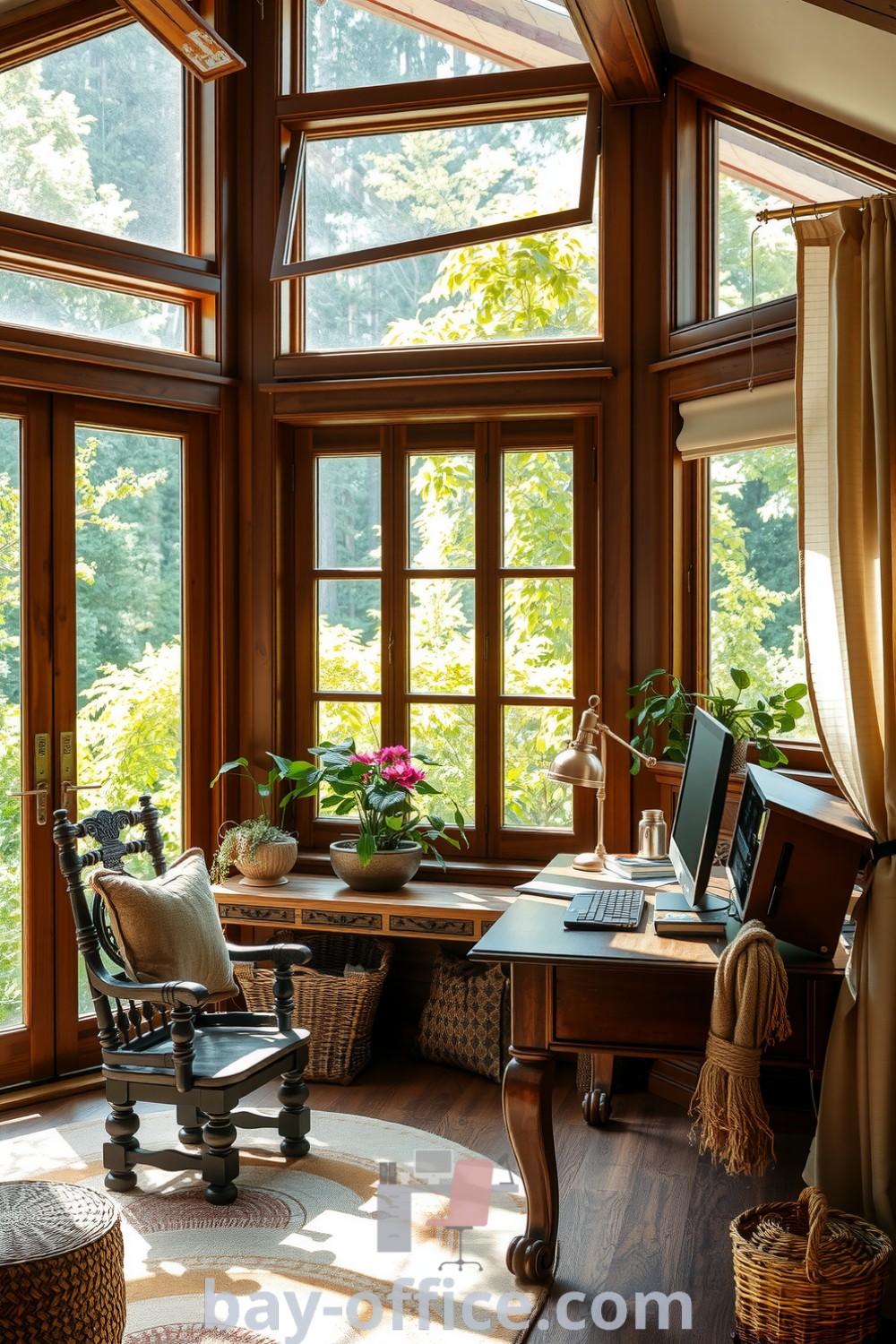 Nature-inspired home office featuring wooden furniture, earthy accents, and large windows overlooking greenery. The serene and cozy aesthetic inspires productivity and creativity, making it an ideal workspace. Discover more design ideas at bay-office.com.