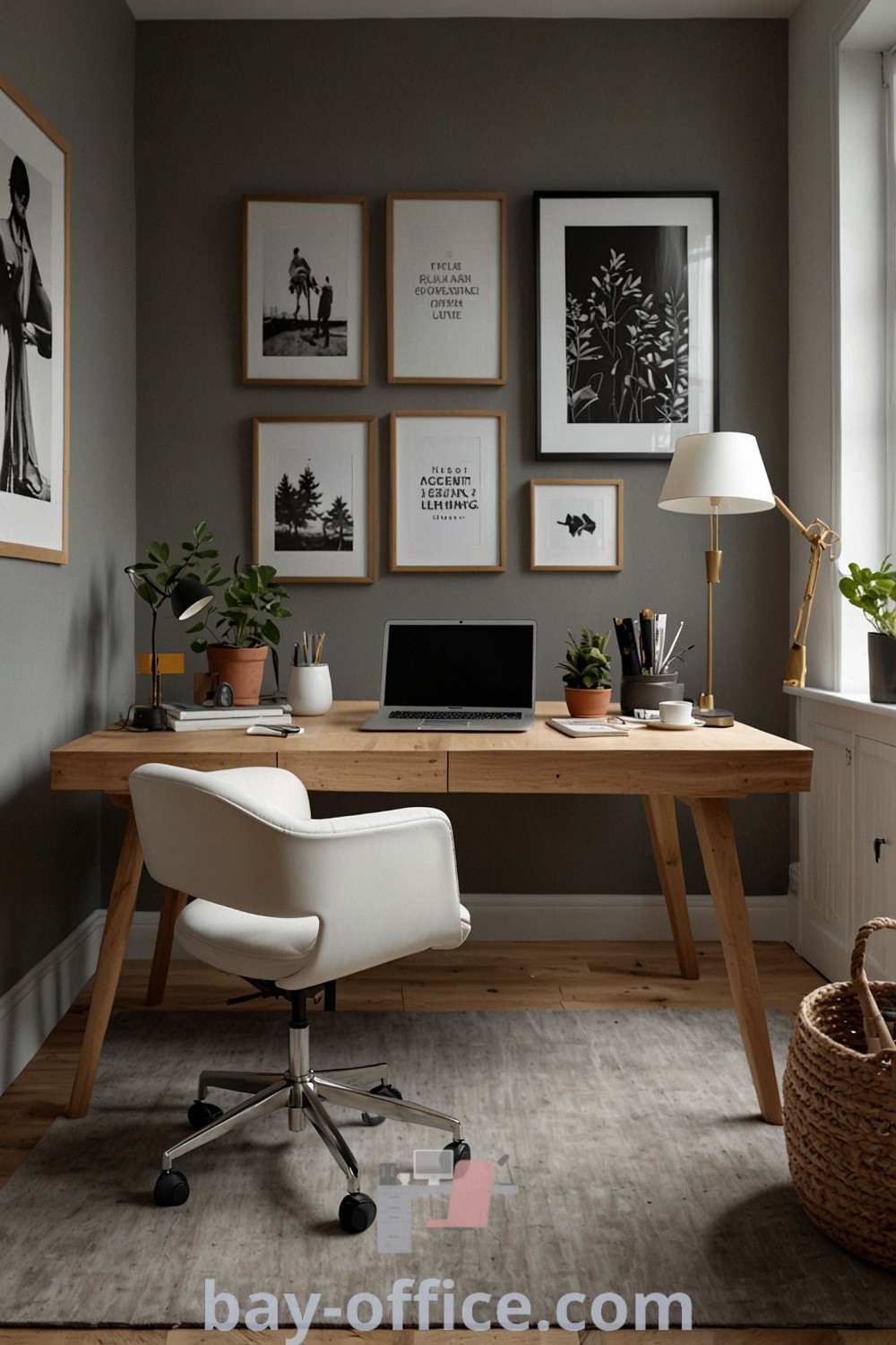 Scandi home office featuring grey decor, minimal design, and inspiring wall art for a cozy workspace. Discover office aesthetic ideas and productivity-boosting decor tips at bay-office.com.