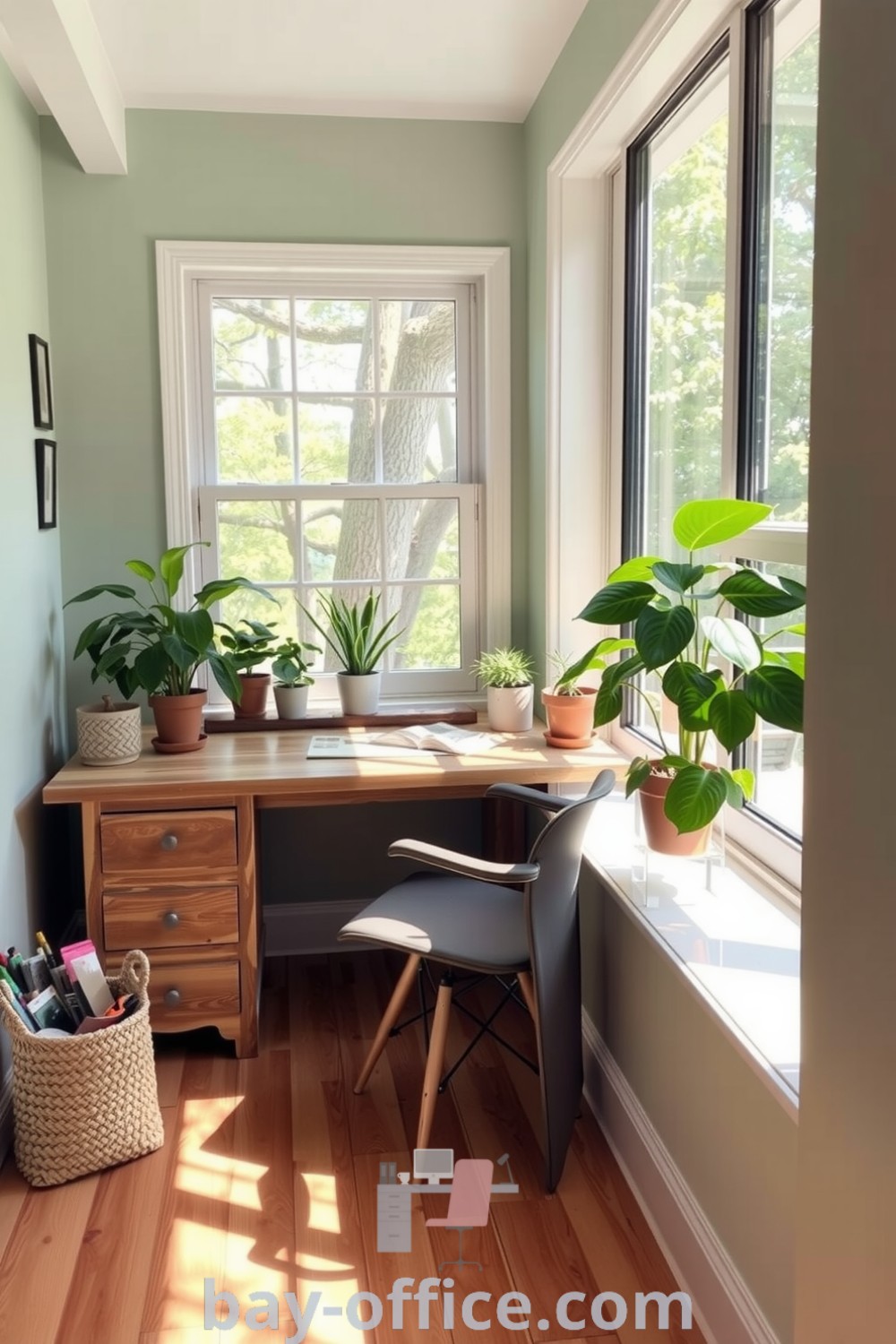 Cozy home office surrounded by green hues and wooden textures, featuring a reclaimed wood desk, sunlight filtering through a large window, potted plants, and art supplies in a woven basket. Perfect for inspiring productivity in a tranquil, inviting space. Explore ideas for enhancing your workspace at bay-office.com.