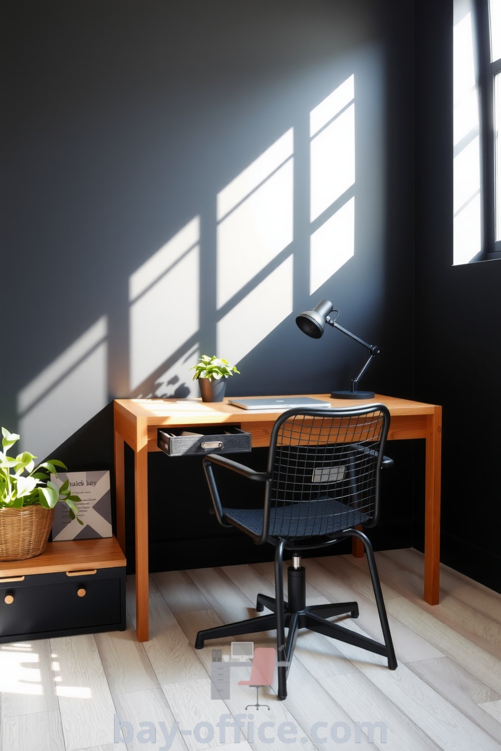 Minimalist black home office with matte walls, sturdy wooden desk, and black metal chair, complemented by natural light and plants, designed to inspire productivity and tranquility. Explore more design ideas at bay-office.com.