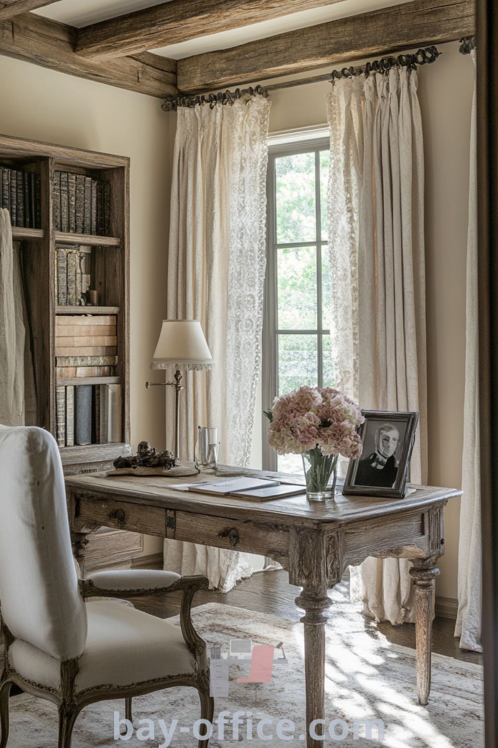 Elegant French country home office with cream walls, rustic wooden beams, a weathered oak desk, and delicate lace curtains, designed to inspire productivity and comfort. Emphasizing cozy aesthetics, it offers decor ideas for small spaces that make working from home enjoyable. Explore more at bay-office.com.