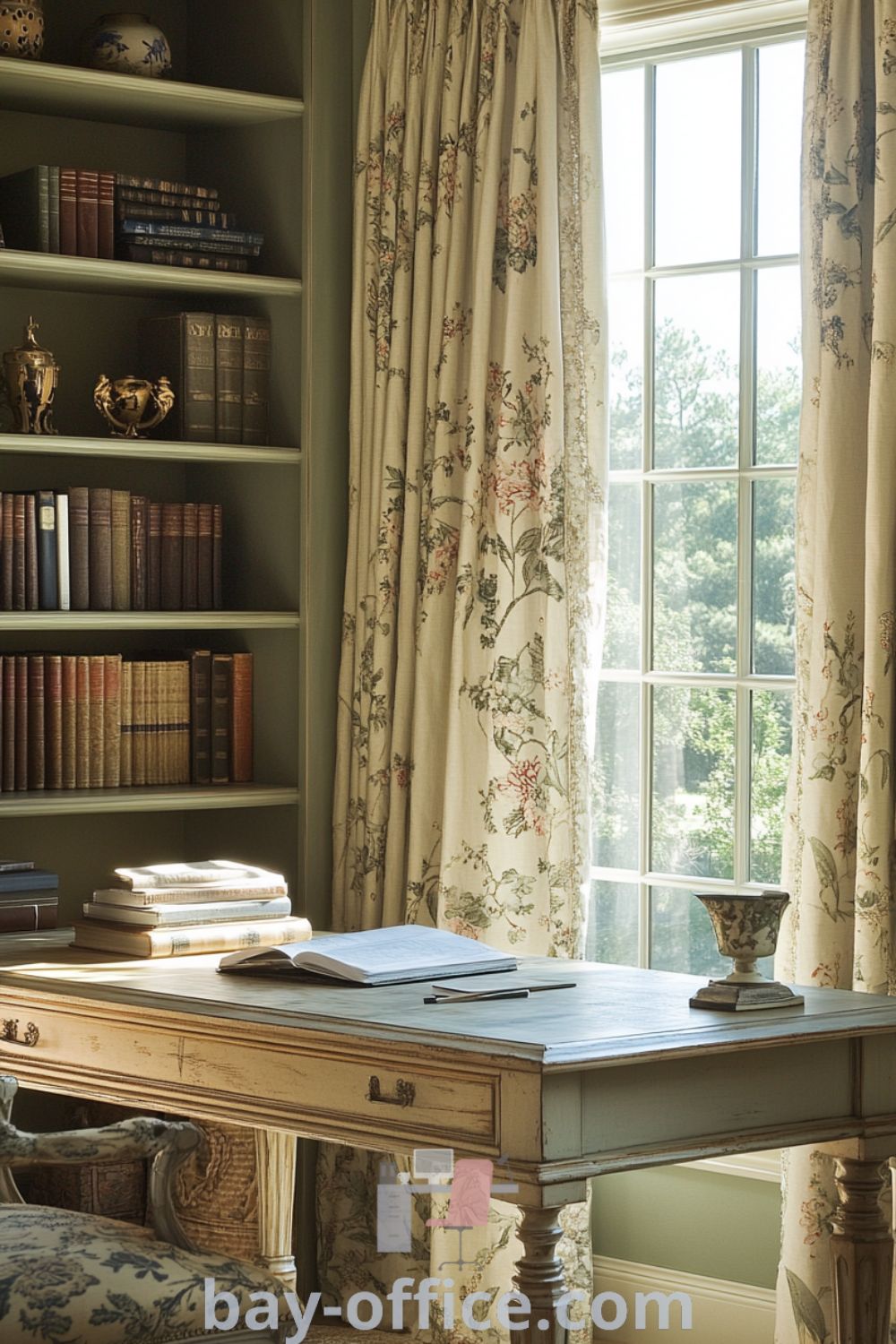 Elegant French home office with pastel walls, vintage wooden desk, floral curtains, and rustic shelves, creating a cozy atmosphere ideal for productivity and inspiration. Discover more ideas at bay-office.com.