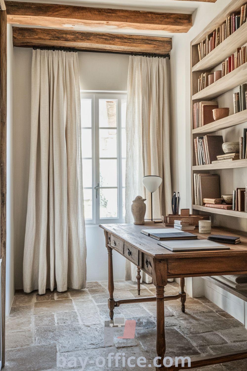 Elegant French country home office featuring weathered beams, pastel walls, vintage desk by a window, and shelves filled with books and pottery, creating a cozy and inspiring workspace. Explore more design ideas at bay-office.com.
