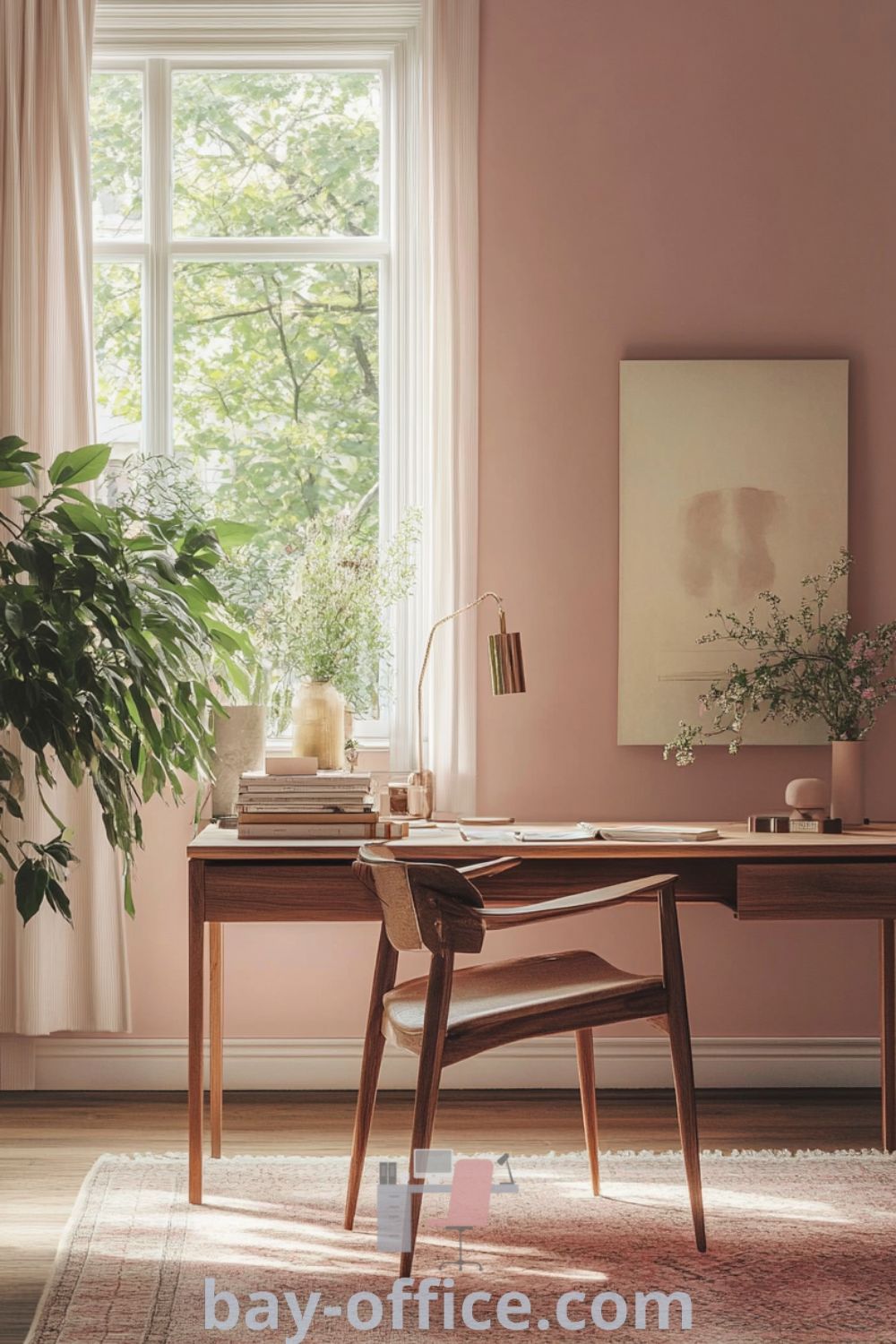 Scandinavian home office featuring soft pink walls, natural wood furniture, and a sunny ambiance, designed to inspire productivity and relaxation. Ideal for anyone seeking cozy and stylish decor ideas for small spaces. Discover more inspiring ideas at bay-office.com.
