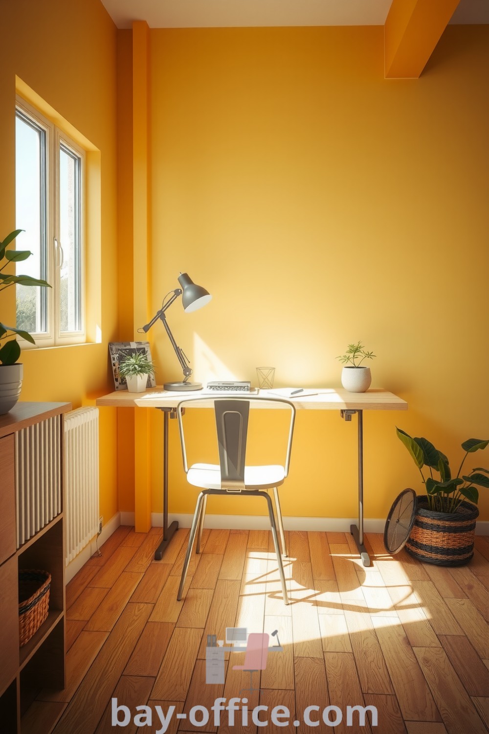 Minimalist home office with soft yellow walls, a wooden desk, light-toned metal chair, and plants, designed to create a cozy and inviting workspace that enhances productivity. Discover more inspiring ideas at bay-office.com.