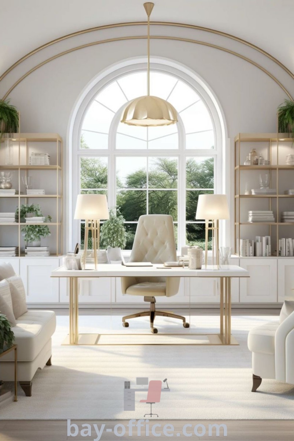 Elegant home office with two chairs and a desk in front of a large arched window overlooking the garden. Discover inspiring ideas for decorating your space with contemporary office chairs and design trends at bay-office.com.