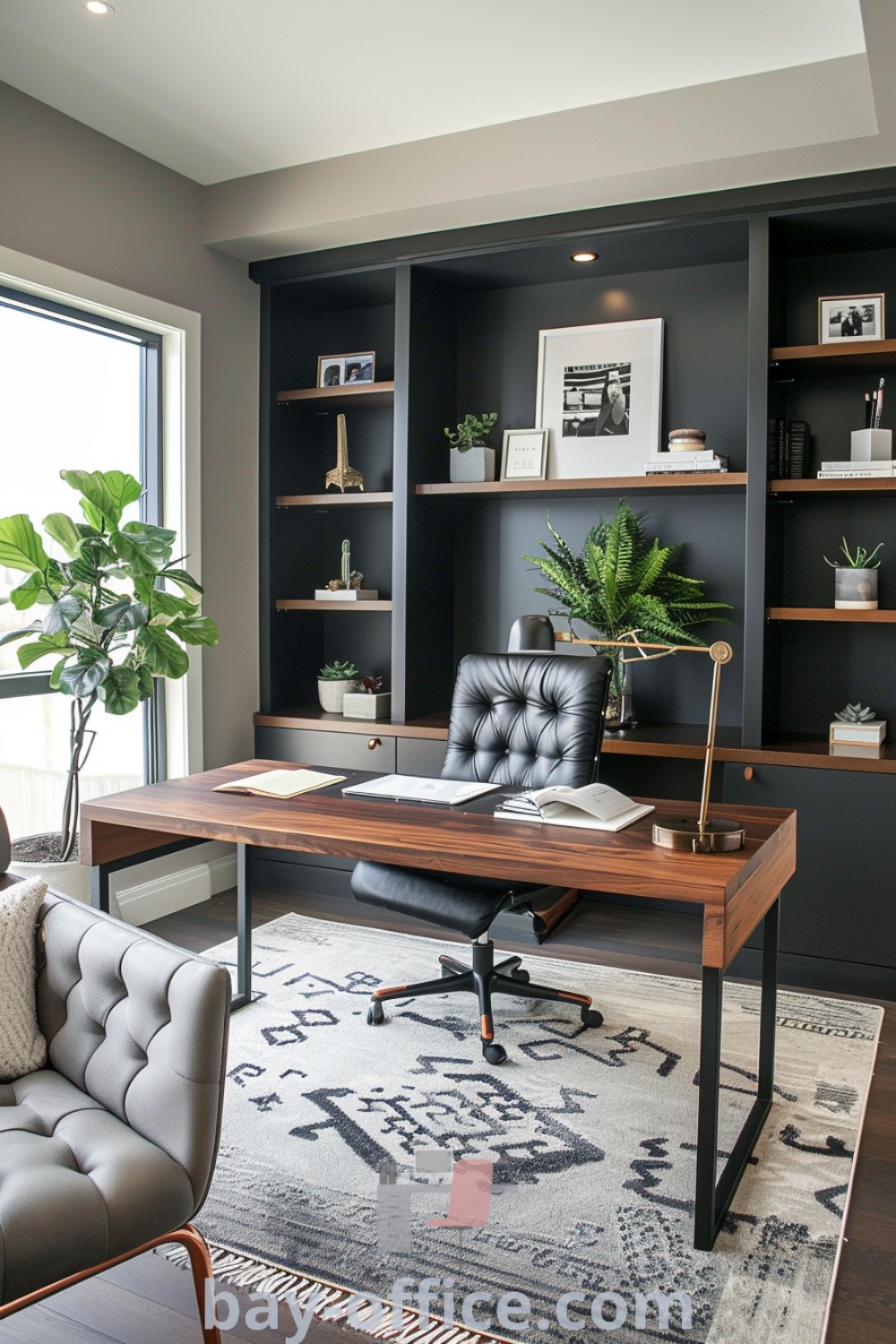 Modern French office with built-in bookcases, a leather chair next to the desk, and light color schemes that inspire productivity and comfort. Ideal for creating a functional home office setup full of cozy charm. Explore more design tips and ideas for your house or apartment at bay-office.com.