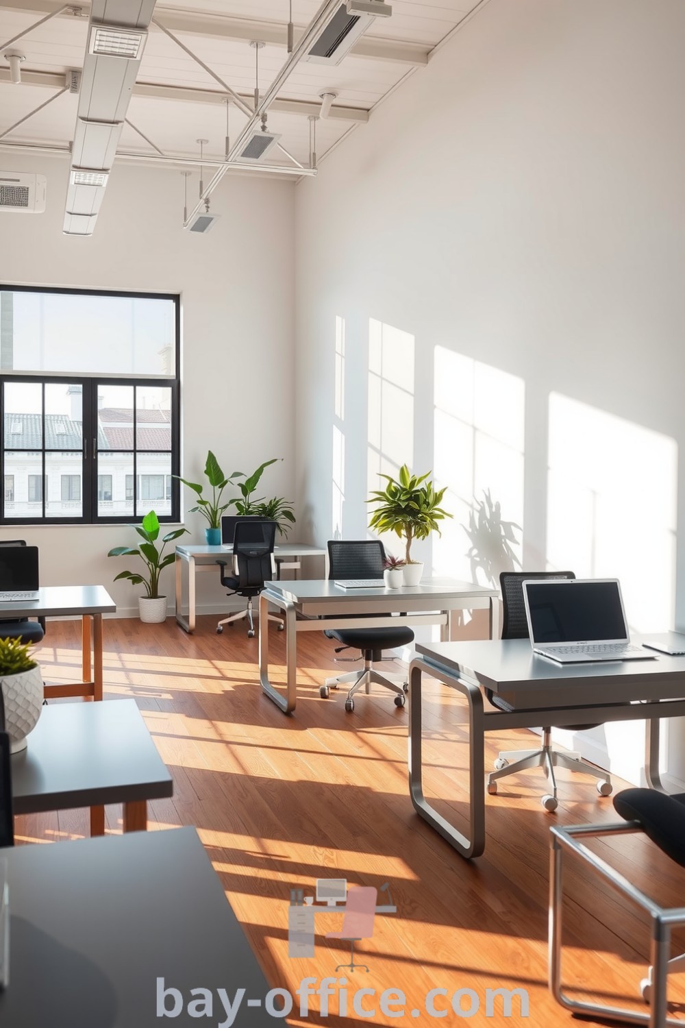 Minimalist corporate office featuring crisp white walls, metal desks, warm wooden floors, large windows for natural light, and potted plants, ideal for creating a calm and productive workspace. Explore more design tips at bay-office.com.
