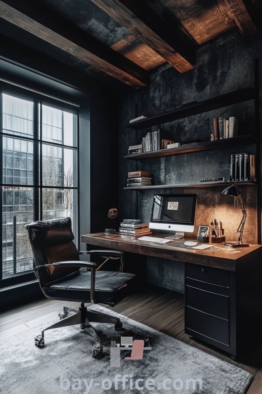 Cozy home office with desk, chair, and bookshelf in front of large windows, showcasing classy aesthetic and industrial workspace ideas for small spaces. Explore inspiring decor ideas and office design trends that will make you love working from home at bay-office.com.