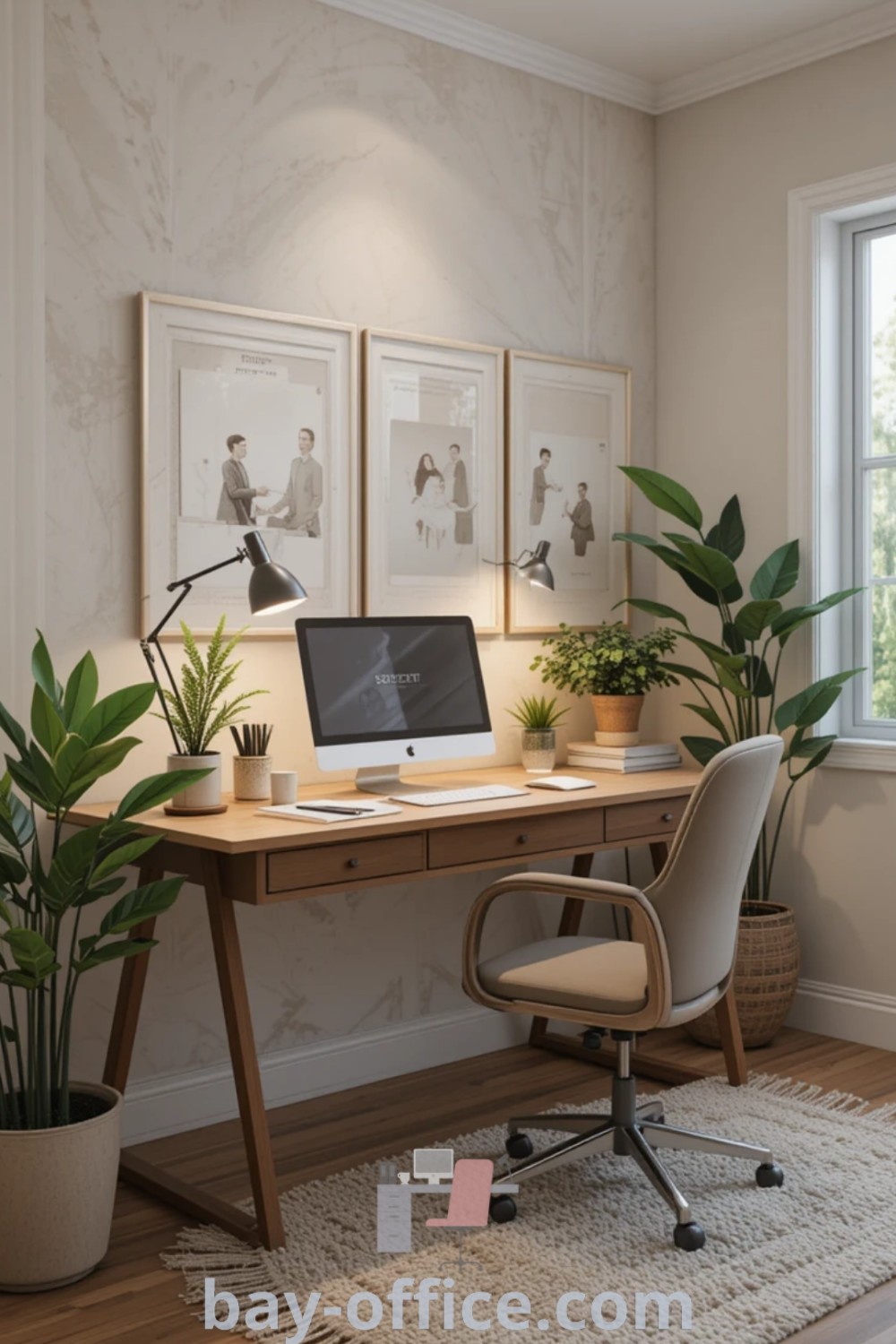 Cozy office aesthetic featuring a desk with a laptop beside a potted plant and ambient lighting. Discover warm office decor and ergonomic office ideas that inspire productivity and comfort at bay-office.com.