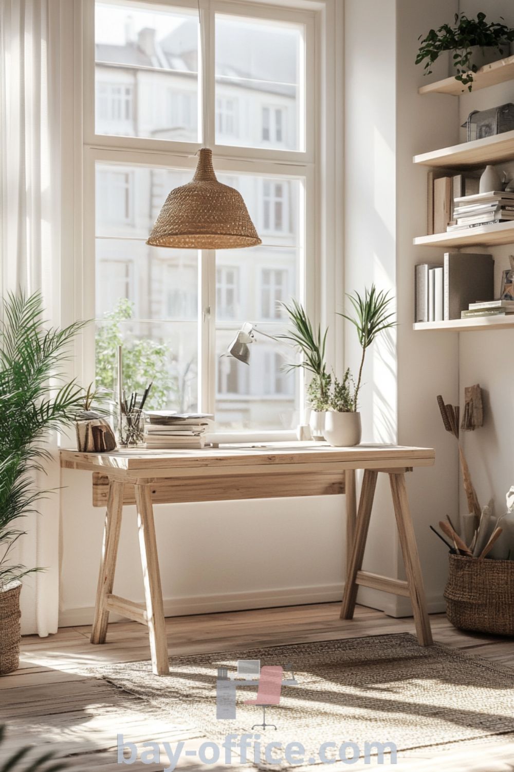 Scandinavian home office with white walls, wooden desk under a large window, potted plants, and personal decor items, creating a cozy and inspiring workspace perfect for productivity. Discover more design tips at bay-office.com.