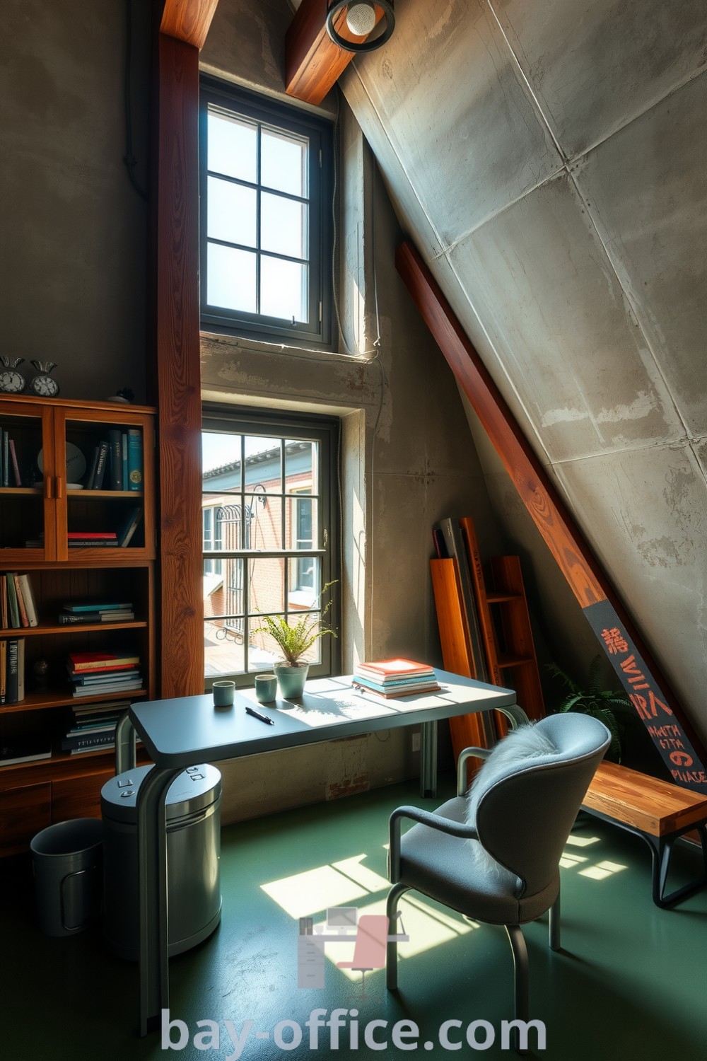 Cozy loft home office featuring rustic wooden beams, smooth concrete walls, and a large window that fills the space with natural light. Ideal for inspiring productivity and creativity, this design showcases cozy aesthetic elements that make working from home enjoyable. Explore more decor ideas at bay-office.com.