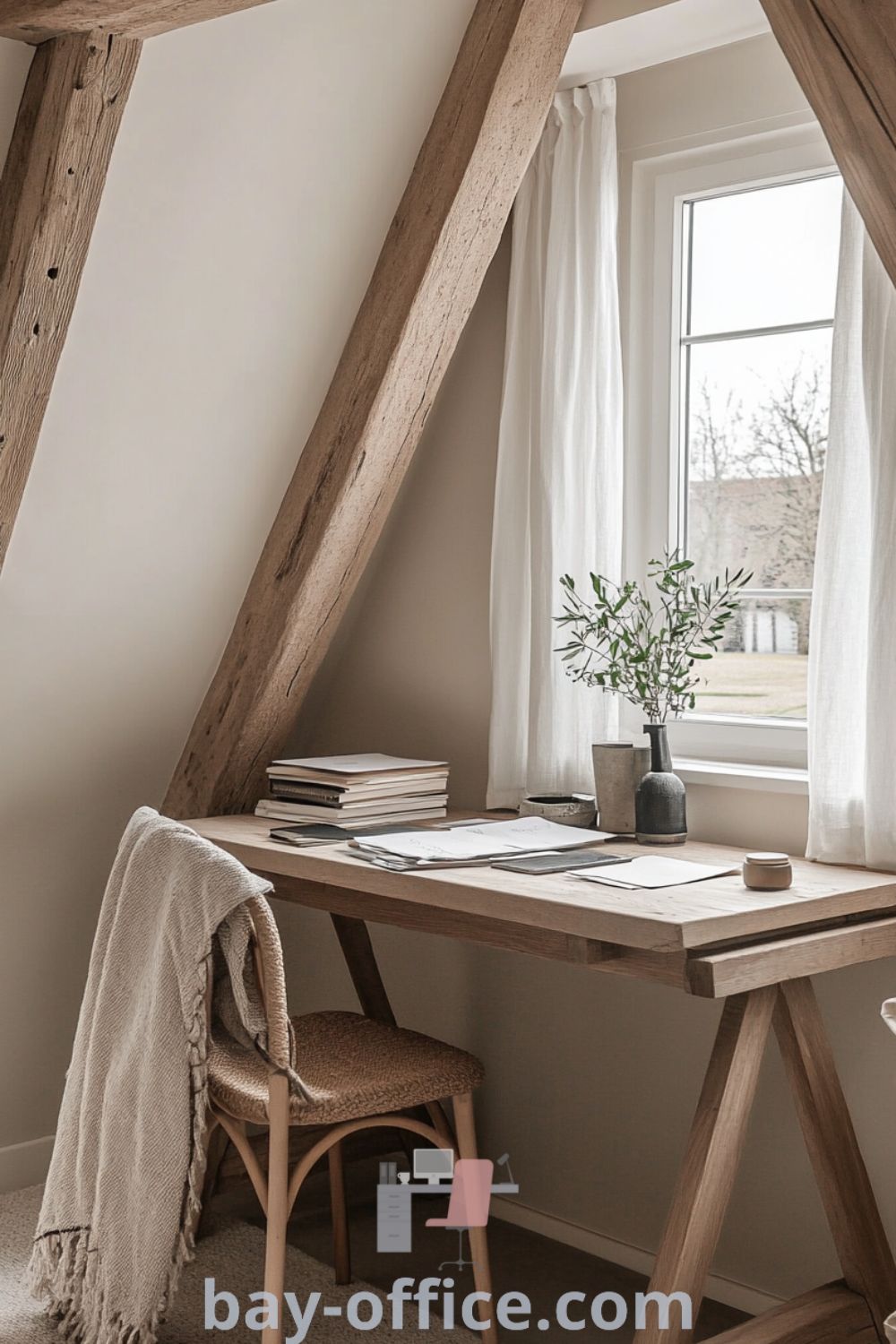 Cozy Scandinavian home office featuring a beige palette, natural oak desk, woven textiles, and warm sunlight, designed to inspire productivity and relaxation. Discover more design ideas that make working from home enjoyable at bay-office.com.